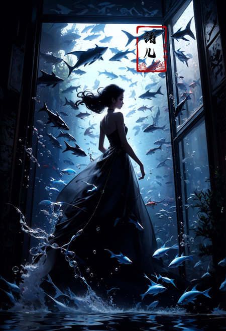 black theme, fish, aquarium,  solo,1girl, scenery, dark, from behind, indoors, water，<lora:绪儿-海底世界Underwater world:0.8>