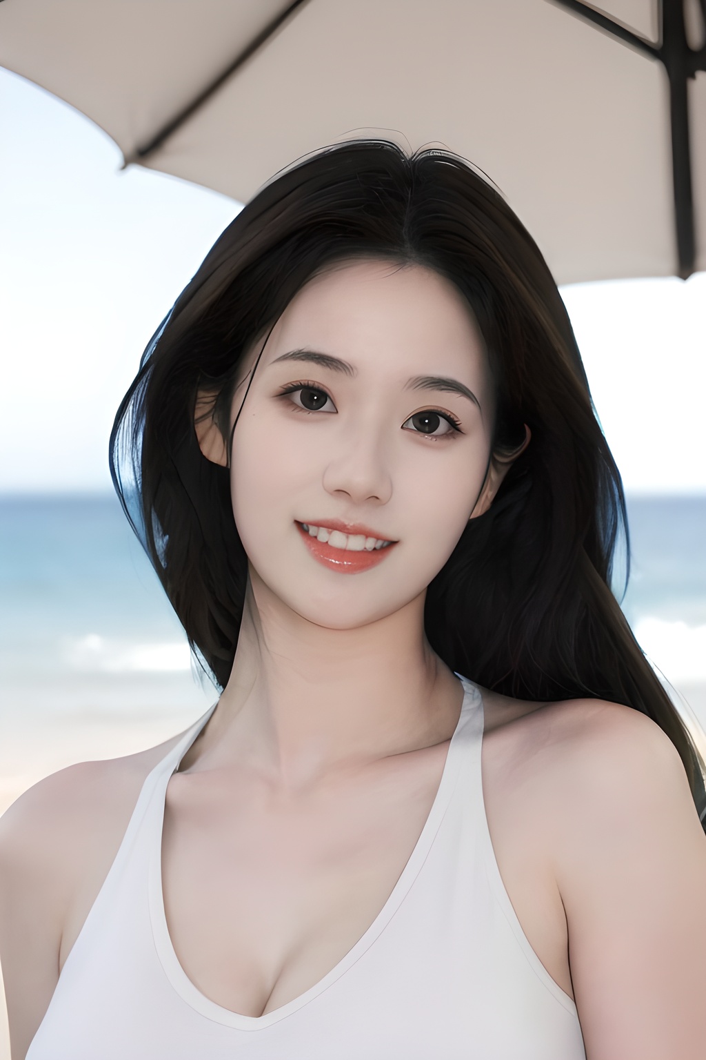 <lora:0827_04:0.7>simple background, 1girl,flower,brown hair,realistic,looking at viewer,hair flower,outdoors,sleeveless,hair ornament,shirt,breasts,smile,day,beach,solo,sleeveless shirt,masterpiece,best quality,picture-perfect face,ultra realistic 8k cg,(cleavage:1.2),, 1girl,realistic,masterpiece, best quality, photorealistic, HDR,detail