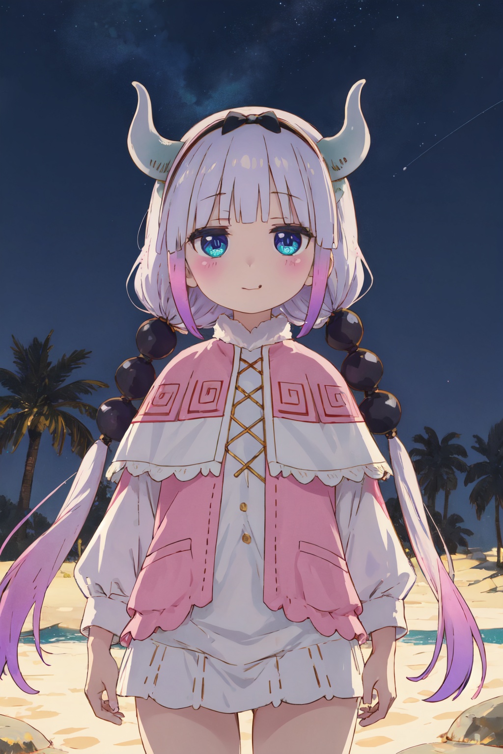 <lora:Kanna-000015:0.9>,kanna cyql,1girl,looking at viewer,solo,dragon girl,long hair,purple hair,blunt bangs,twintails,low twintails,dragon horns,hairband,hair ornament,hair beads,multicolored hair,blue eyes,capelet,dress,black hairband,child,bow,long sleeves,evil smile,bust,Amidst the boundless expanse of sand, a verdant oasis stands like a mirage, where clear pools are shaded by date palms,(Enchanted trees, Fireflies, Glowworms, Magic atmosphere, Twilight hues, Whispers of the forest:0.5),beautiful detailed sky,beautiful detailed glow,posing in front of a colorful and dynamic background,masterpiece,best quality,beautiful and aesthetic,contrapposto,female focus,wallpaper,