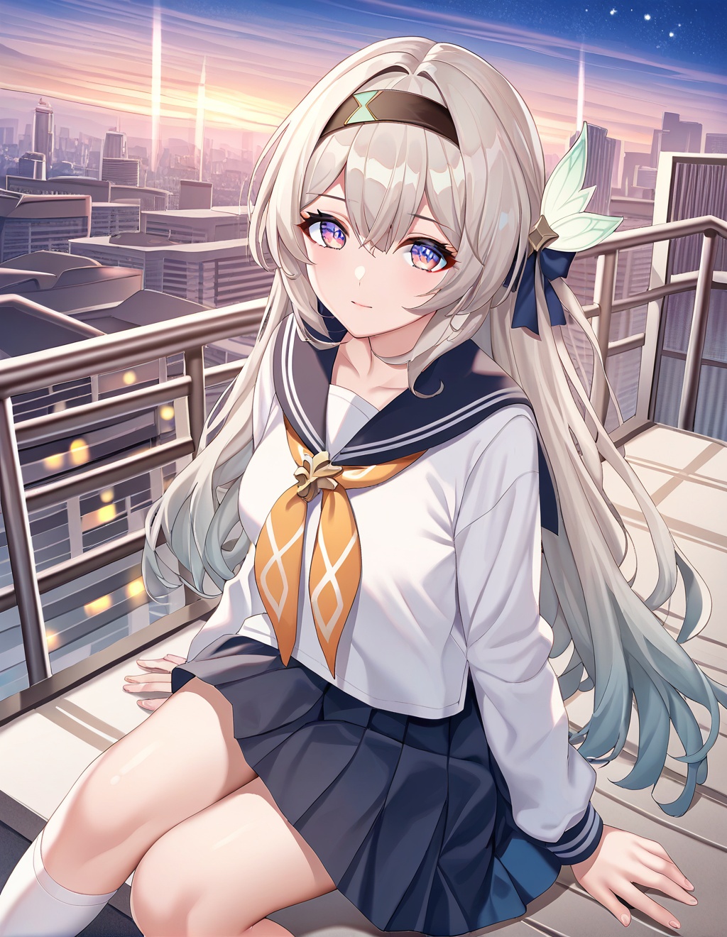 score_9,score_8_up,score_7_up,score_6_up,score_5_up,score_4_up,source_anime,source_cartoon,<lora:fireflyPXL-000008:0.8>,firefly \(honkai: star rail\),1girl,solo,skirt,hairband,long hair,grey hair,black hairband,looking at viewer,sitting,hair intakes,pleated skirt,school uniform,bow,sky,shirt,long sleeves,orange neckerchief,socks,closed mouth,cityscape,white shirt,serafuku,sidelocks,city,multicolored eyes,sailor collar,miniskirt,star \(sky\),neckerchief,skyline,knees up,white socks,building,from above,looking up,