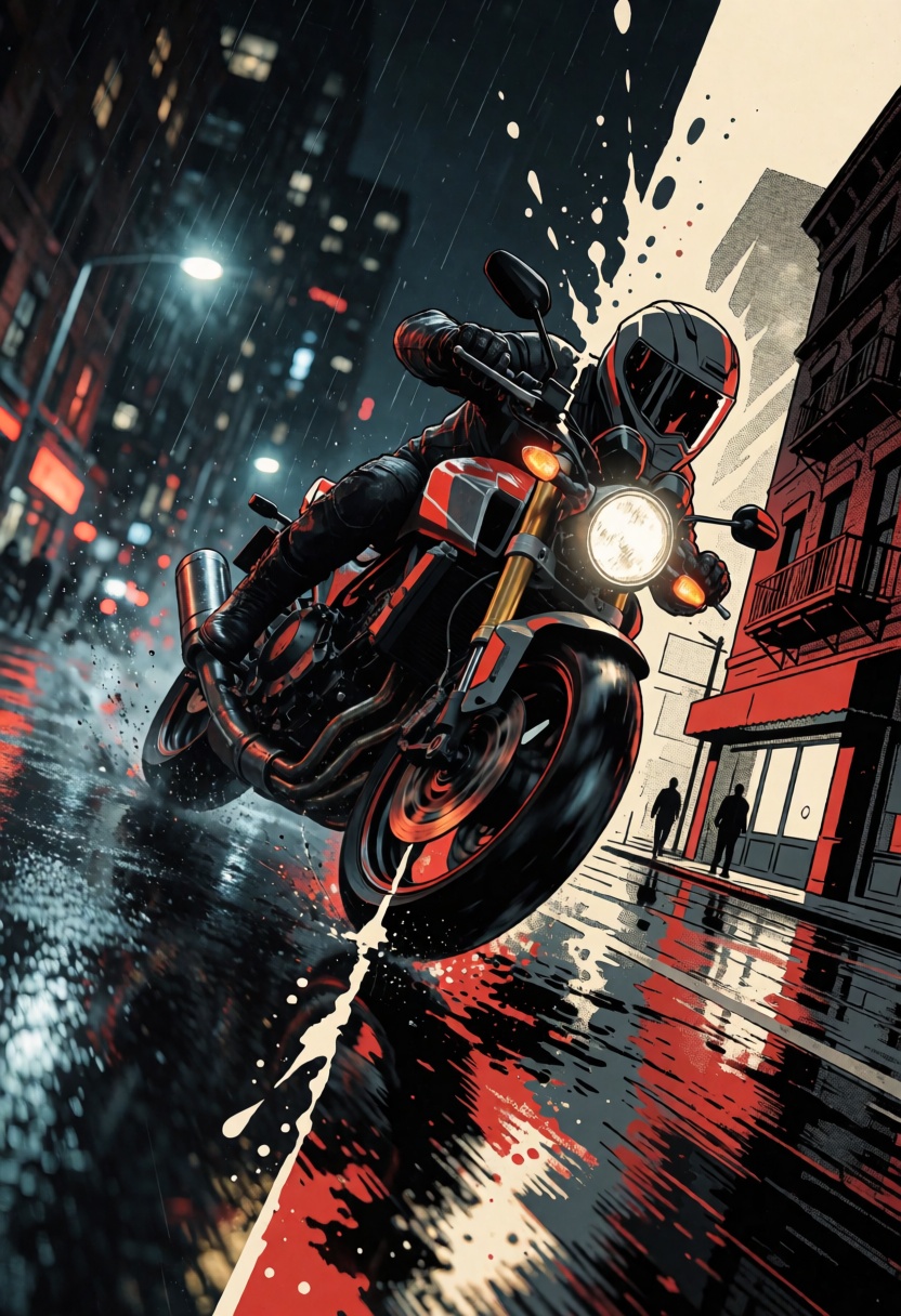 ta86_realityfracture,  a motorcycle courier leaning into a sharp turn on a wet city street at night,  dynamic full body ac...