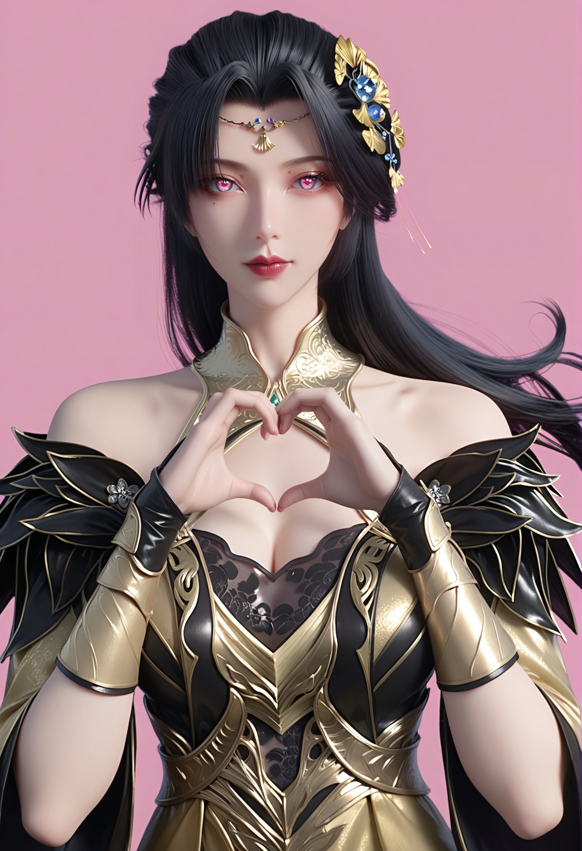 (score_9),<lora:柳如烟-Apony:0.75>,lry,(mature_female),solo,long hair,hair ornament,black hair,mole under eye,detached collar,forehead jewelry,wrist guards,dress,sleeve,<lora:perfect eyes_v1:0.68>,bright pupils,upper body,looking at viewer,front view,light blush,heart hands,<lora:Expressive_H-000001:0.8>,(glamor:1.2),curvy,collarbone,pointy breasts,puffy breasts,large breasts,narrow waist,simple background,pink background,