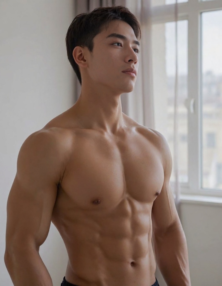 The image is a photograph of a muscular, athletic young man with a light to medium brown skin tone and short, styled hair. He is standing in a minimalist, modern room with a white wall and a large window with a sheer, floor-length curtain in a light gray-brown color.<lora:majichandsome2:0.8>,