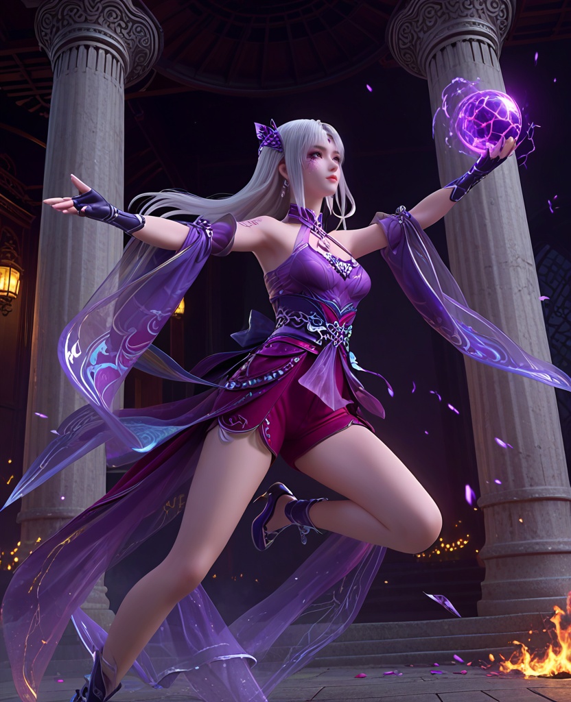 (oriental architecture, elegant decor, sophisticated style:1.1),(in a red shorts jumps in the air,holding a ball in her hand and shooting it towards the hoop:1.1),(breasts:1.2),<lora:XL斗破苍穹小医仙P:0.85>,elder sister,purple dress,white hair,bangs,hair ornament,bare shoulders,brown eyes,purple veil,jewelry,fingerless gloves,blue footwear,sash,(facial tattoo:1.2),(cracked skin:1.2),purple eyes,, score_9,score_8_up,score_7_up,score_6_up,score_5_up,score_4_up,3d rendering,tag1,tag2, Cinematic Lighting,backlighting,