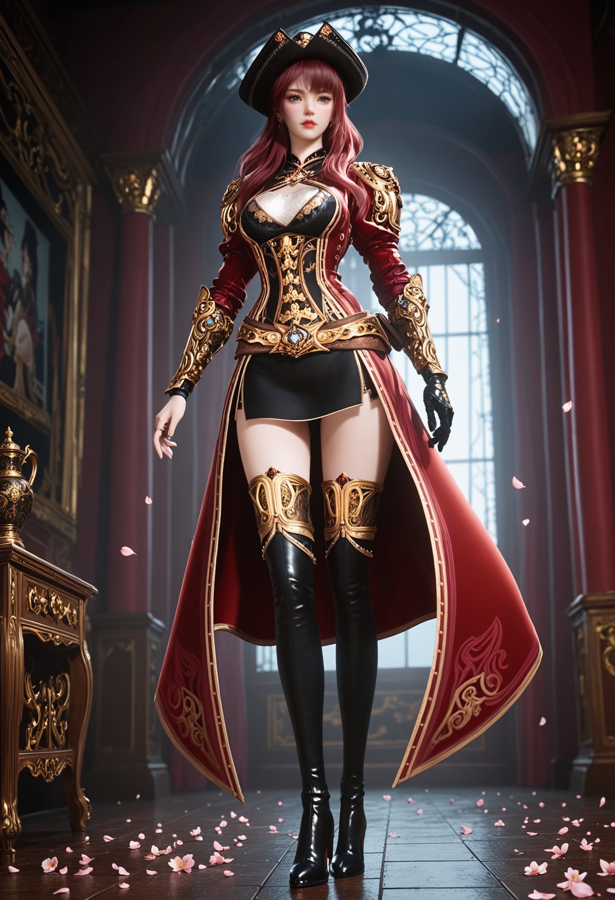 (standing full_body:1.1),(looking at viewer:1.1),masterpiece,(best quality),smog,Dark room,dim lighting,peach blossom,falling petals,<lora:YQ_Illustrious光辉v5_梦红尘_V1:0.8>,q1528437228,solo,1girl,hat,long hair,red hair,boots,thighhighs,blue eyes,gloves,thigh boots,skirt,armor,pink hair,jewelry,belt,brown hair,pirate hat,earrings,coat,high heels,red coat,black gloves,grey eyes,dress,miniskirt,black eyes,black footwear,high heel boots,black headwear,long sleeves,single glove,