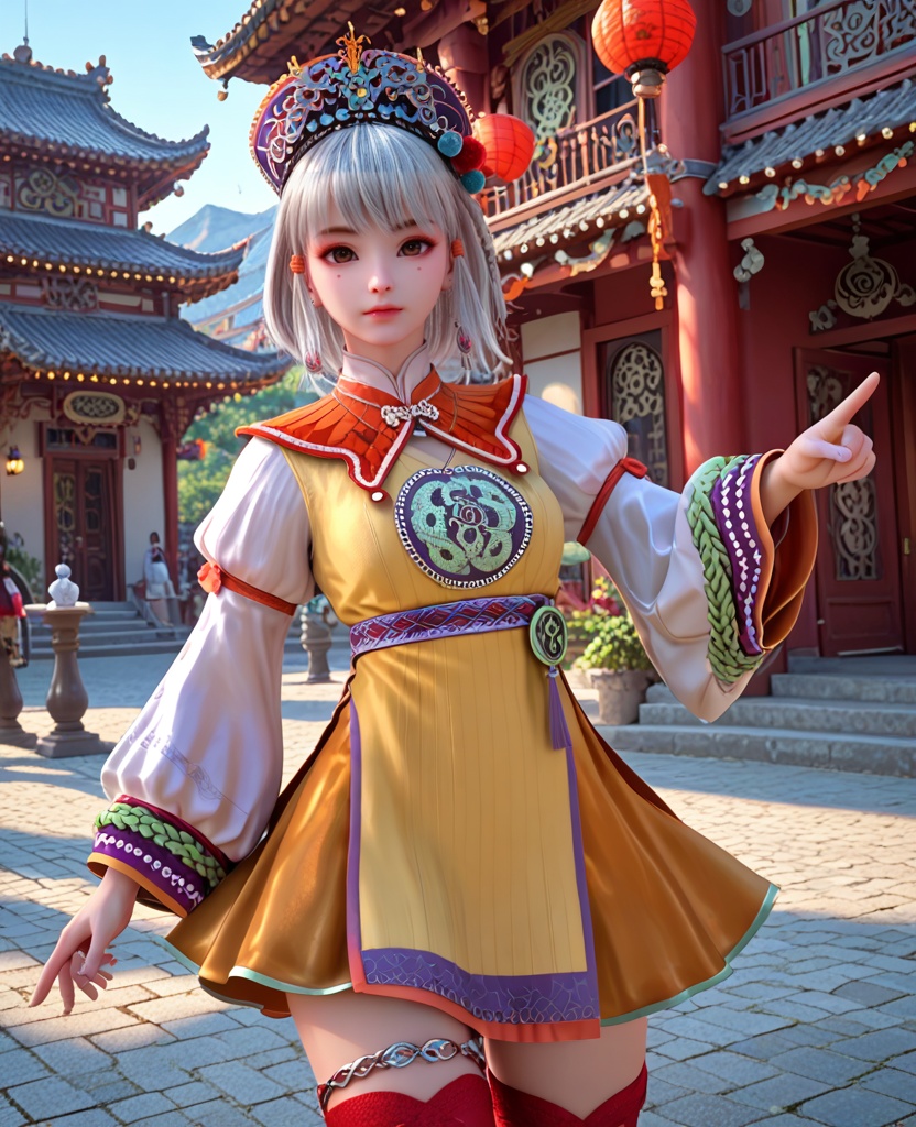 (oriental architecture, elegant decor, sophisticated style:1.1),(pointing at viewer:1.1),(breasts:1.2),<lora:XL少年白马小白:0.95>,miss xiaobai,yellow short dress,brown detachable collar,puffy long sleeves,brown miniskirt,belt,brown eyes,mole under eye,silver hair,bangs,hat,jewelry,red thighhighs,pom pom \(ornament\),, score_9,score_8_up,score_7_up,score_6_up,score_5_up,score_4_up,3d rendering,tag1,tag2, Cinematic Lighting,backlighting,
