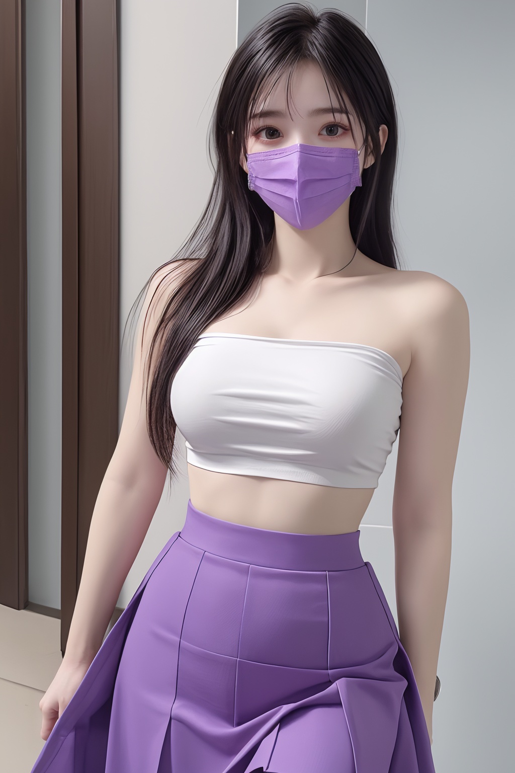 1girl, bangs, bare shoulders, black hair, black skirt, covered mouth, gas mask, long hair, mask, midriff, mouth mask, nail polish, pencil skirt, purple nails, purple skirt, skirt, solo, surgical mask, tape gag  <lora:口罩:0.8>