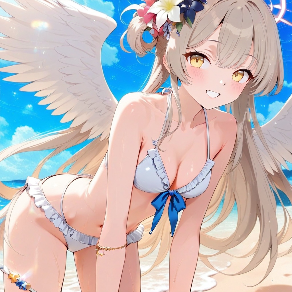O,nagisa (blue archive),nagisa (blue archive),1girl, solo, hair ornament, halo, hair flower, swimsuit, yellow eyes, flower, long hair, blonde hair, beach, wings, black nails, navel, looking at viewer, bikini, smile, outdoors, sky, blush, cloud, frills, day, very long hair, nail polish,(UHD),anatomically correct,accurate,textured skin,super detail,high details,award winning,best quality,high quality,retina,HD,16k,1080P,