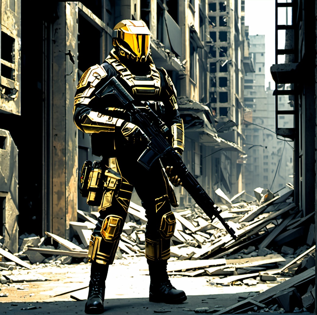weapon, solo, science fiction, 1boy, helmet, gun, building, male focus, armor, holding, holding weapon, city, rifle, futuristic soldier, concept art, digital illustration, sci-fi armor, visor, militaristic, exoskeleton, tactical gear, urban backdrop, dystopian, high-tech, detailed, black and gold color scheme, artist signature, male, standing pose, full-body armor, cybernetic enhancements, soldier holding rifle, combat readiness, armor plating, mechanical joints, tactical pouches, gritty environment, armored gloves, heavy boots, knee pads, sharp angles, contrast lighting, action-ready stance, destruction, abandoned buildings, war-torn cityscape, rubble, desolation, future warfare, advanced technology, protective gear, tactical belt, science fiction. ,<lora:机甲-000002:0.6>