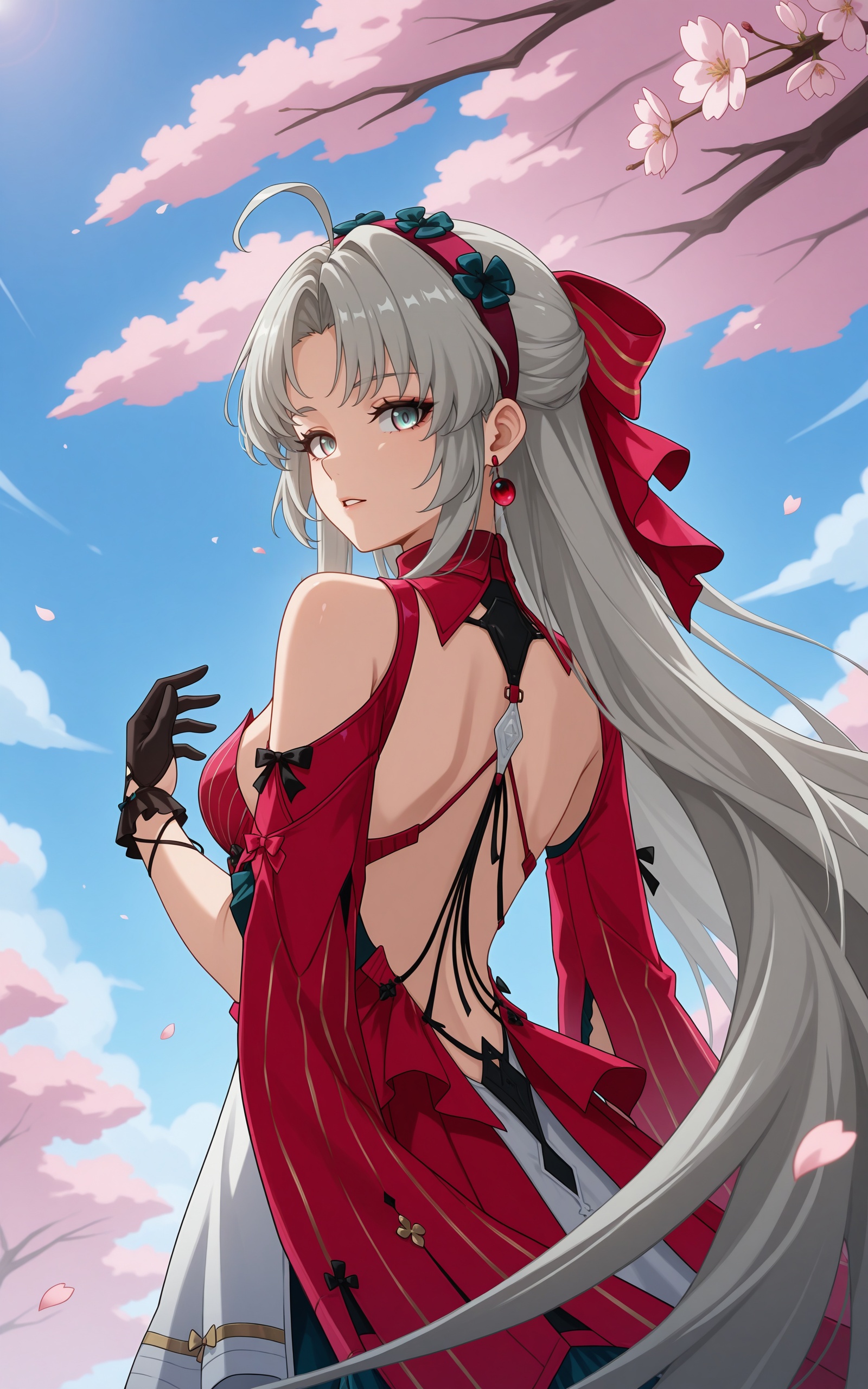<lora:xl-ill-Carlotta Montelli(wuthering waves)-v1-000008:0.8>,carlotta montelli\(wuthering waves\),1girl,long hair,solo,grey hair,gloves,jewelry,ahoge,earrings,dress,black gloves,very long hair,from behind,red dress,hairband,back,backless outfit,hair bow,breasts,bow,parted lips,sky,looking at viewer,petals,hair ornament,outdoors,cherry blossoms,day,bare shoulders,breasts,blue sky,cowboy shot,