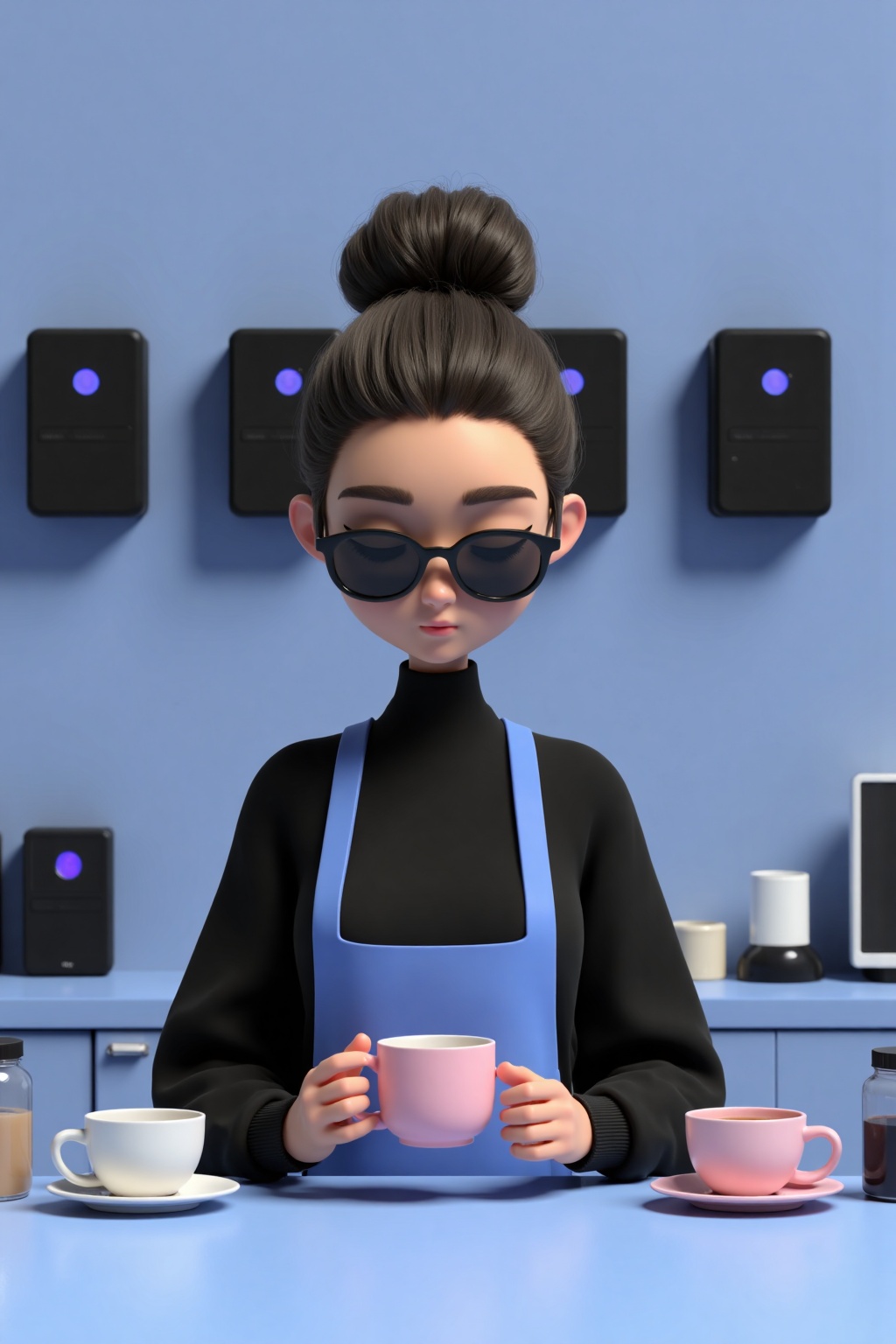 beijihui,a 3D rendering of a female doll wearing a black long-sleeved t-shirt,a blue apron,and sunglasses. She is holding a pink coffee mug in her hands. Her hair is styled in a bun,and she is wearing a pair of black sunglasses. The doll's hair is pulled back in a ponytail,and her eyes are closed. She's standing in front of a blue table,with three cups and saucers on it. To the left of the doll,there is a white coffee mug on a saucer,and to the right of the cup,is a small glass jar with a black lid. In the background,there are four black boxes on the wall,each with a blue light on them.,