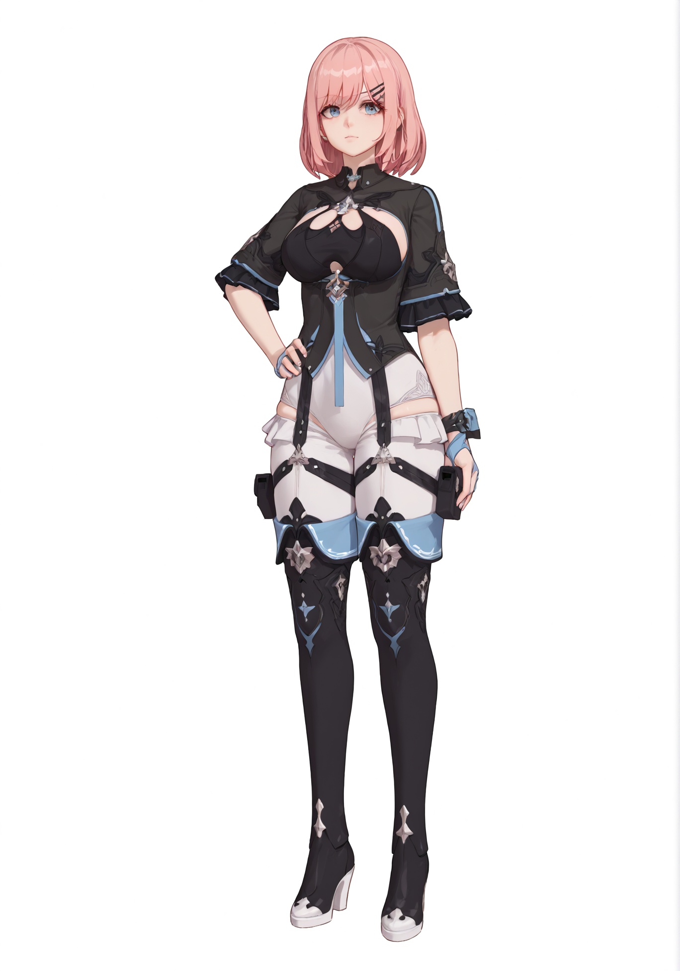 score_9, score_8_up, score_7_up, score_6_up, 8k, 8k, best quality, masterpiece, (ultra-detailed:1.1), (high detailed skin), (full body), ( simple background,white background:1.3), standing, looking at viewer, (solo), hand on hip, <lora:Timido-pony-Tanger:0.8>, Timido, def clothes, 1girl, single glove, thigh boots, pink hair, black footwear, thighhighs, boots, breasts, (beautiful_face), ((intricate_detail)), clear face, ((finely_detailed)), fine_fabric_emphasis, ((glossy)), full_shot, 