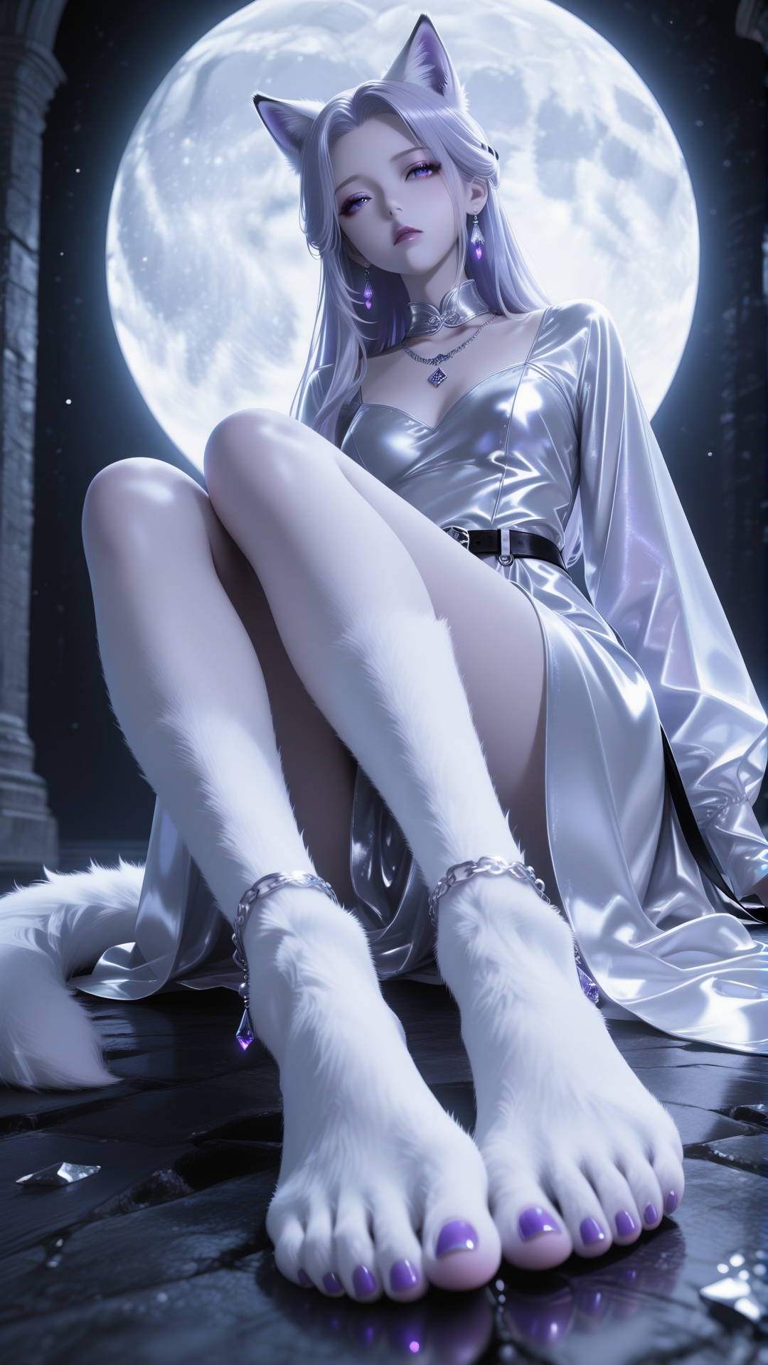 The image is a digital illustration of a young woman sitting on a black surface with a full moon in the background. She is wearing a white dress with long sleeves and a black belt around her waist. Her legs are crossed and her feet are bare,with purple nail polish on the toes. She has long white fur on her feet and is wearing silver earrings and a necklace. Her hair is styled in a half-up,half-down look with white cat ears on top. The overall mood of the image is dark and mysterious..,<lora:光辉大脚:0.8>,