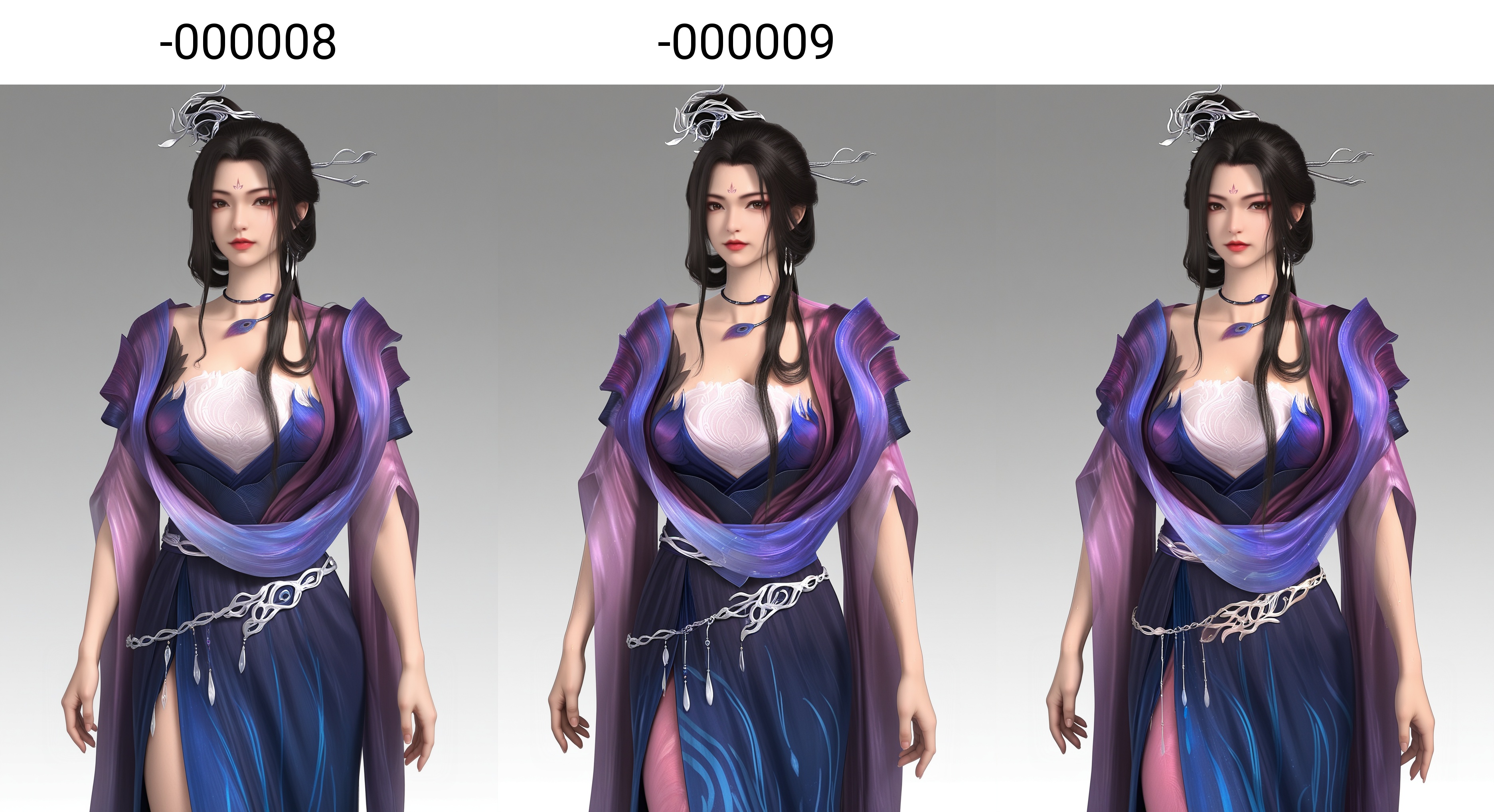 (score_9),masterpiece,best quality,absurdres,highres,(white_skin),(sweaty skin),(Ivory_skin),light_skin,(very sweaty),BREAKmature female,collarbone,<lora:风秋雨2-ill-000008:0.85>,1girl,solo,brown eyes,long hair,black hair,hair ornament,forehead mark,choker,(updo),sheer ruffled sleeves,flowing long gown,layered dress,jewelry,long skirt,(large teardrop breasts),(large breasts),wide hips,BREAKlooking at viewer,front view,cowboy shot,BREAKsimple background,white background,