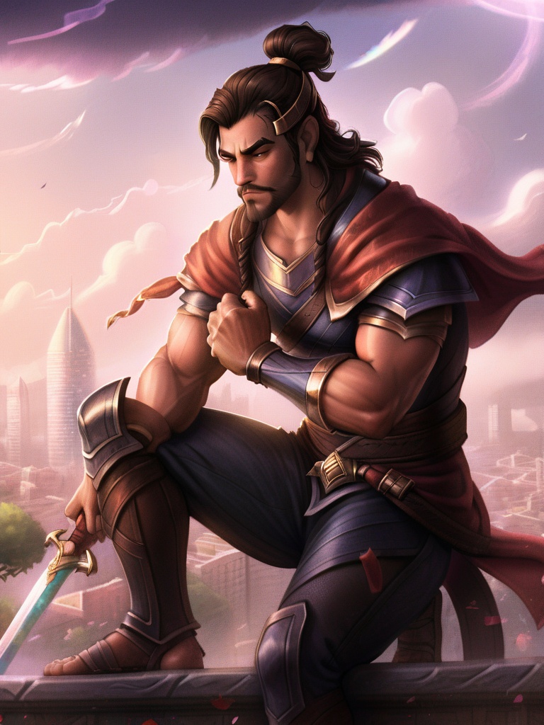 a man sitting on a bench with a sword in his hand and a city in the background with clouds, <lora:XL_LOLMan:0.5>