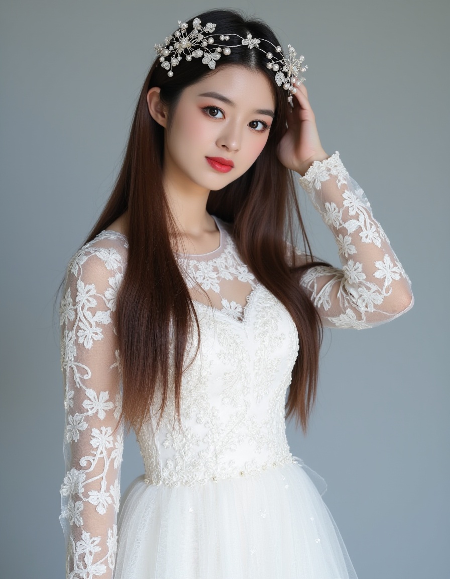 This is a photograph of a young Asian woman with fair skin and long,  straight brown hair. She is wearing a white lace dre...
