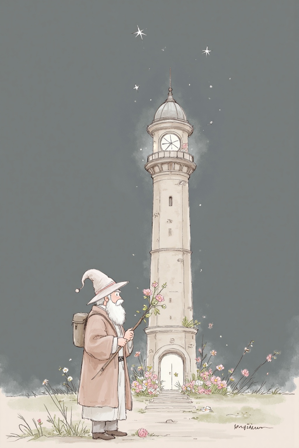 beijihui,Captured at eye-level, a cartoon depiction of a man with a white beard and mustache, wearing a long sleeved brown coat and a white hat, is holding a stick in his right hand. The man is standing in front of a tall tower, which is adorned with a few flowers. The tower is surrounded by a dark gray background, and a few white stars are visible in the sky above the tower, adding a pop of color to the scene.
