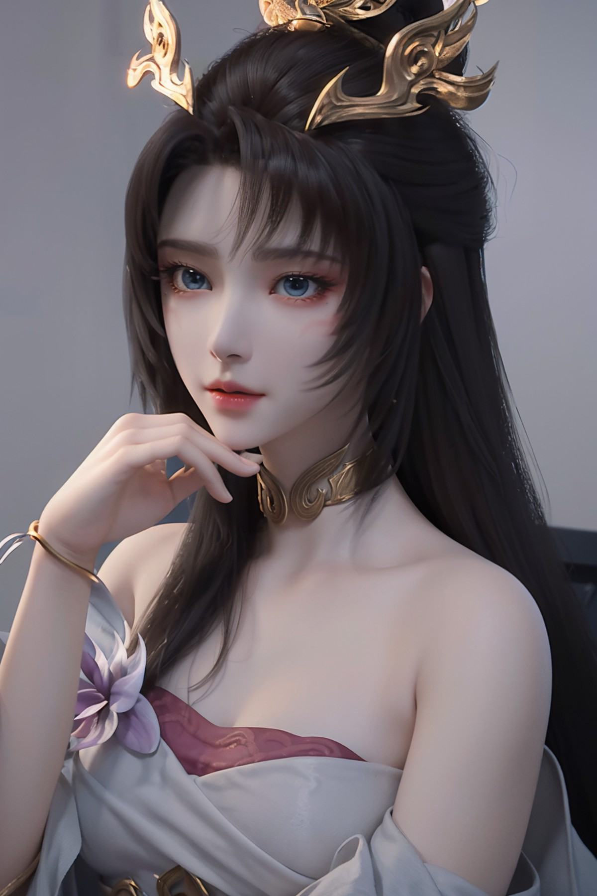 <lora:tianhuxianzi:1>,tianhuxianzi,1girl,solo,blue eyes,upper body,flower,dress,choker,gold jewelry,white background,hair ornament,long hair,black hair,bare shoulders,simple background,looking at viewer,hand up,, best quality , masterpiece, illustration, an extremely delicate and beautiful, extremely detailed ,CG,unity,8k wallpaper, Amazing, finely detail, masterpiece, best quality,official art,extremely detailed CG unity 8k wallpaper,absurdres, incredibly absurdres, huge filesize , ultra-detailed, highres, extremely detailed,beautiful detailed girl, extremely detailed eyes and face, beautiful detailed eyes,light on face,