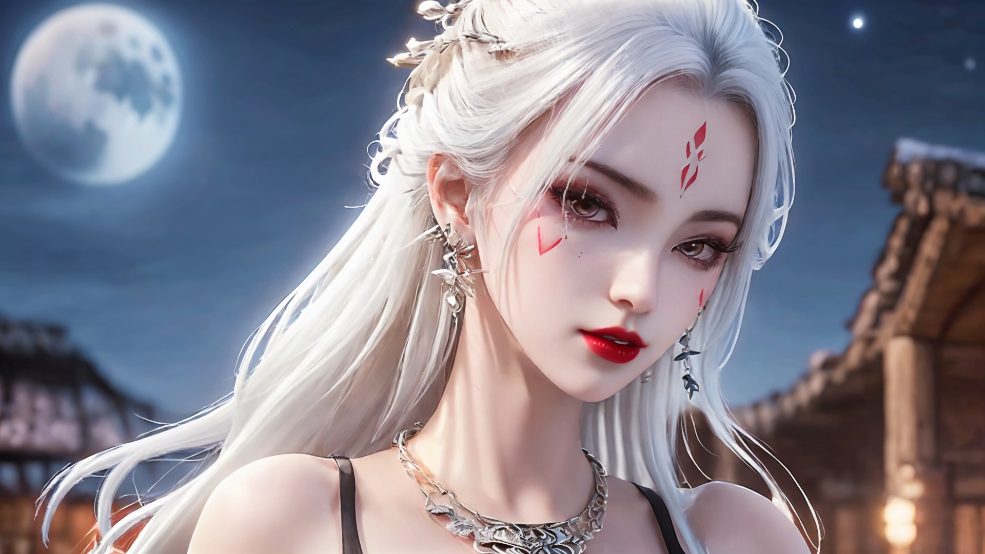 1girl, moon, jewelry, necklace, solo, bracelet, white hair, earrings, facial mark, long hair, night, hair ornament, looking at viewer, bare shoulders, full moon, forehead mark, upper body, red lips, dress<lora:girl miaojiangxiaobai_20240912173536:0.8>,