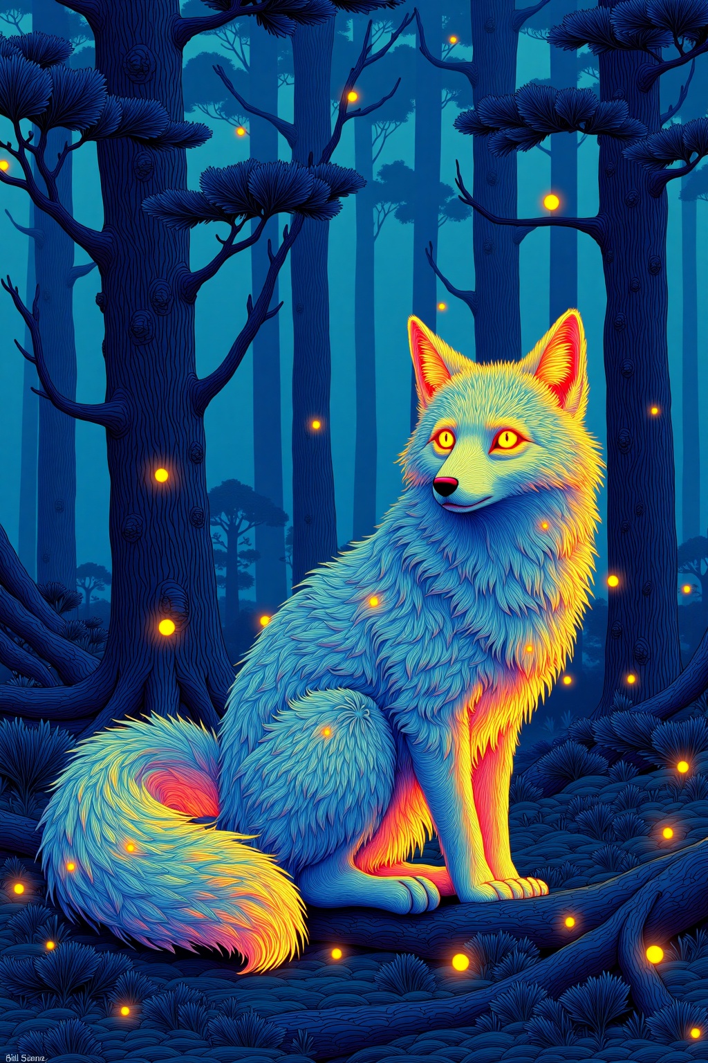 beijihui,a fox spirit with white fur and golden eyes, half-human illusion form, glowing forest at twilight 