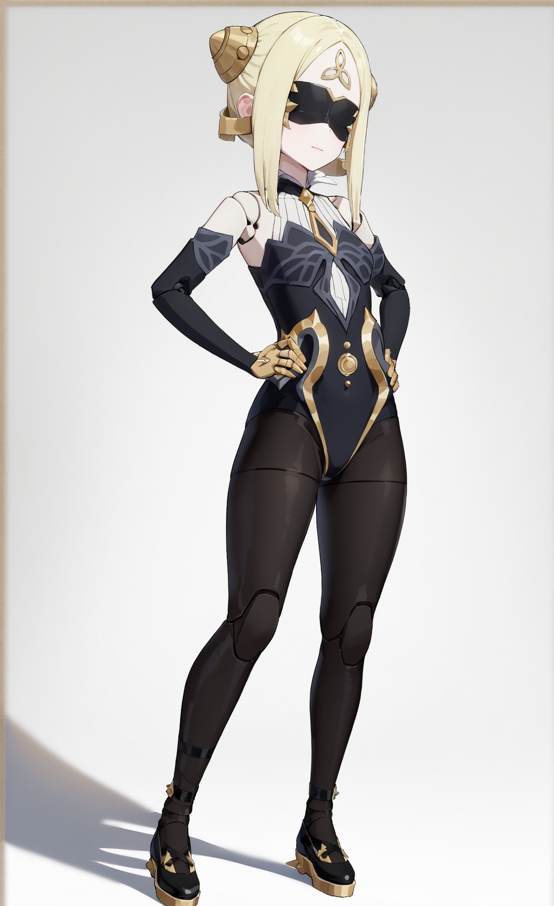 8k, best quality, masterpiece, (ultra-detailed), (high detailed skin), (white background:1.3), (full body:1.3), (white background), standing, looking at viewer, (solo), hands on hips, <lora:qianren-A3-Tanger-000010:0.7>, qianren, qianren's def clothes, 1girl, blindfold, blonde hair, pantyhose, joints, black shoes, (beautiful_face), ((intricate_detail)), clear face, ((finely_detailed)), fine_fabric_emphasis, ((glossy)), full_shot, 