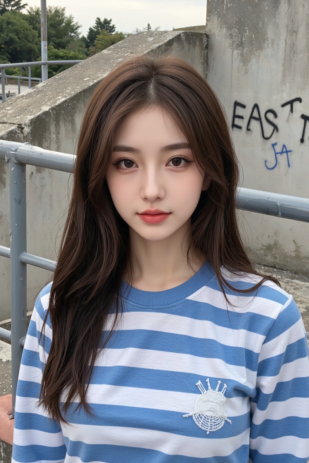 a girl wearing a blue and white striped shirt with a white pattern on the left chest. She has long brown hair,falling over her shoulders,and her expression is calm as she looks at the camera with a determined and confident gaze. The background consists of a gray railing and a gray wall,with some graffiti on it. In the distance,you can see some trees.,