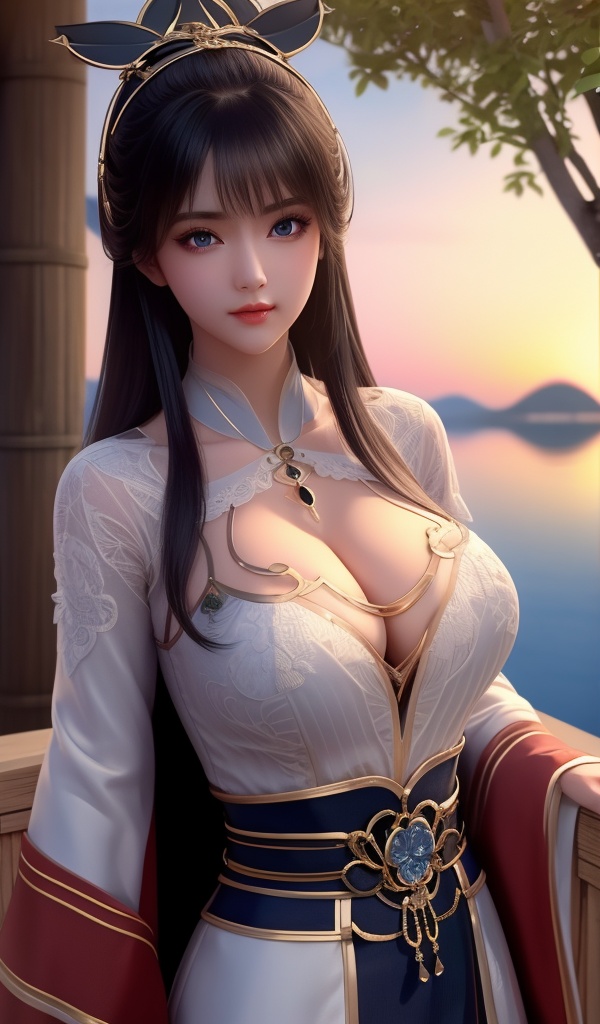 <lora:638-DA-暗河传-白鹤淮-妇人:0.8>(,1girl, ,best quality, ),looking at viewer,  ,ultra detailed 8k cg, ultra detailed background,  ,masterpiece, (( , )) , lake,upper body,   (cleavage), (),