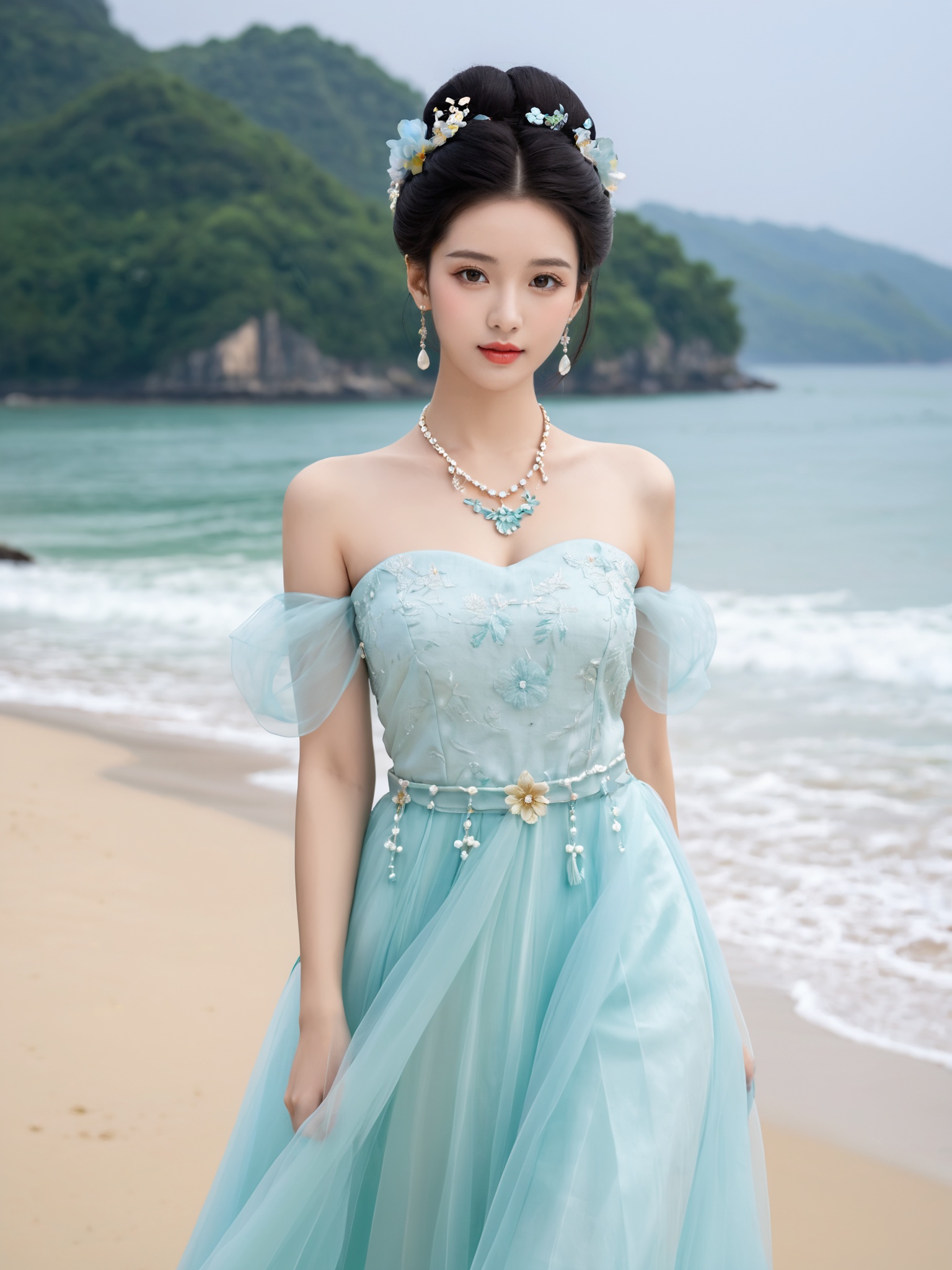 Textured skin,skin particles,masterpiece,best quality,8K,official art,ultra high res,1girl,chinese clothes,hanfu,jewelry,hair ornament,upper body,solo,earrings,flower ocean,remains,flower,black hair,necklace,teeth,hair bun,dress,parted lips,hair flower,((full body)),dress,hanfu,embroidery,exquisite,meticulous,(tulle:1.4),