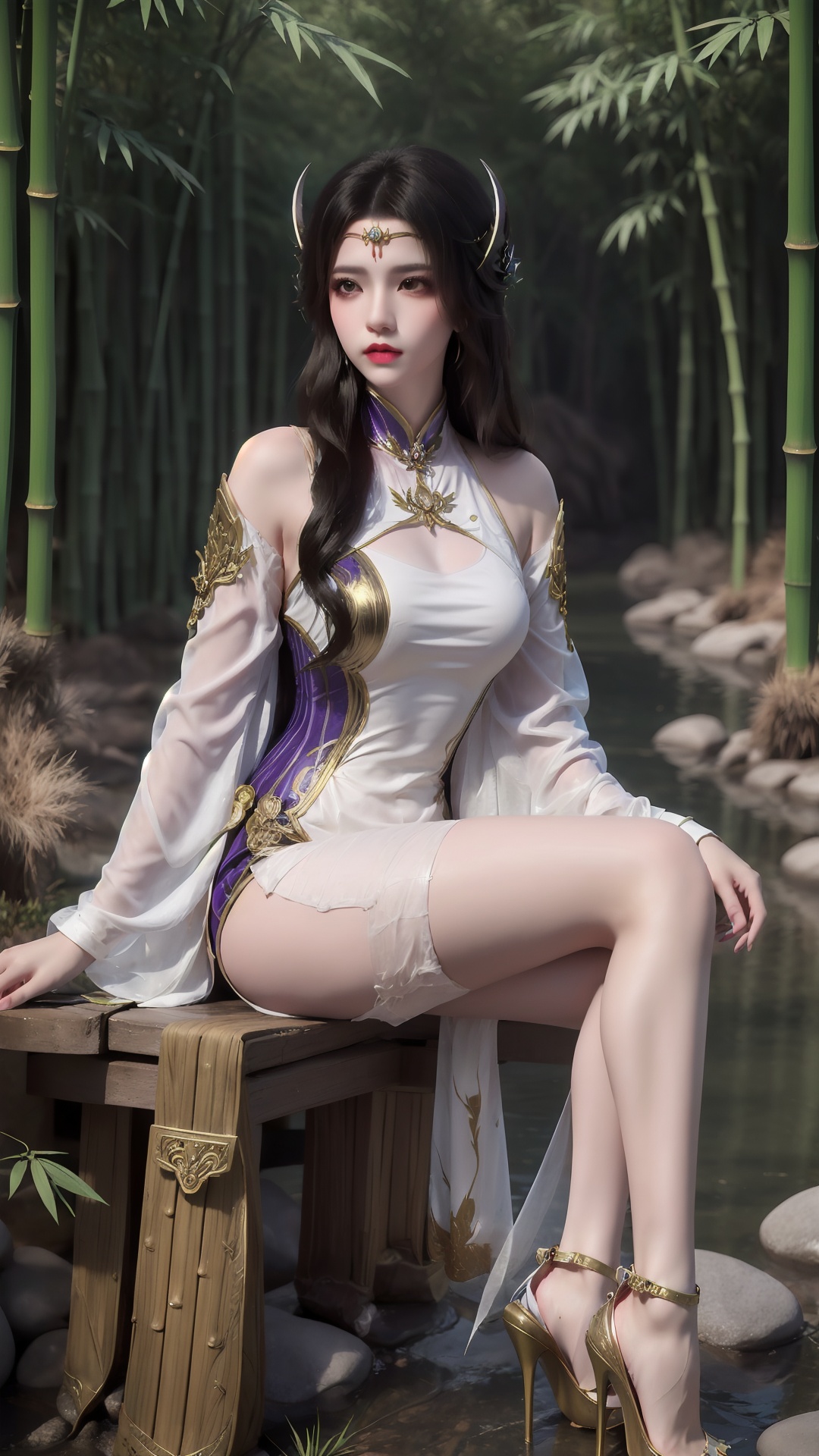 The image shows a young woman sitting on a rock in a bamboo forest. She is wearing a white and purple outfit with gold accents. The outfit has a high neckline and long sleeves, and the sleeves are decorated with intricate gold designs. The woman has long dark hair styled in loose waves and is wearing white stockings and high heels. She has a crown of horns on her head and is looking off to the side with a serious expression on her face. The background is filled with tall bamboo trees and the ground is covered in small rocks. The overall mood of the image is mystical and mystical.,<lora:1.5玄衣5lora.by_tusi:0.8>,