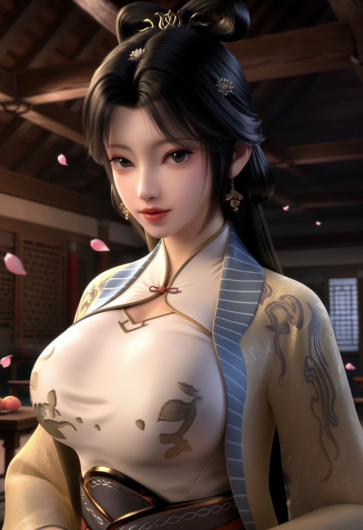 masterpiece,best quality,amazing quality,high resolution,ultra-detailed,absurdres,(looking at viewer:1.1),upper body,(Dark room:1.3),(moody lighting:1.1),peach blossom,falling petals BREAK large breasts,hanxiangxiu,1girl,solo,long hair,black hair,chinese clothes,dress,jewelry,hair ornament,realistic,earrings,black eyes,long sleeves,hair rings,shoes BREAK photorealistic details,<lora:QQSillhanxiangxiuV1:0.8>,