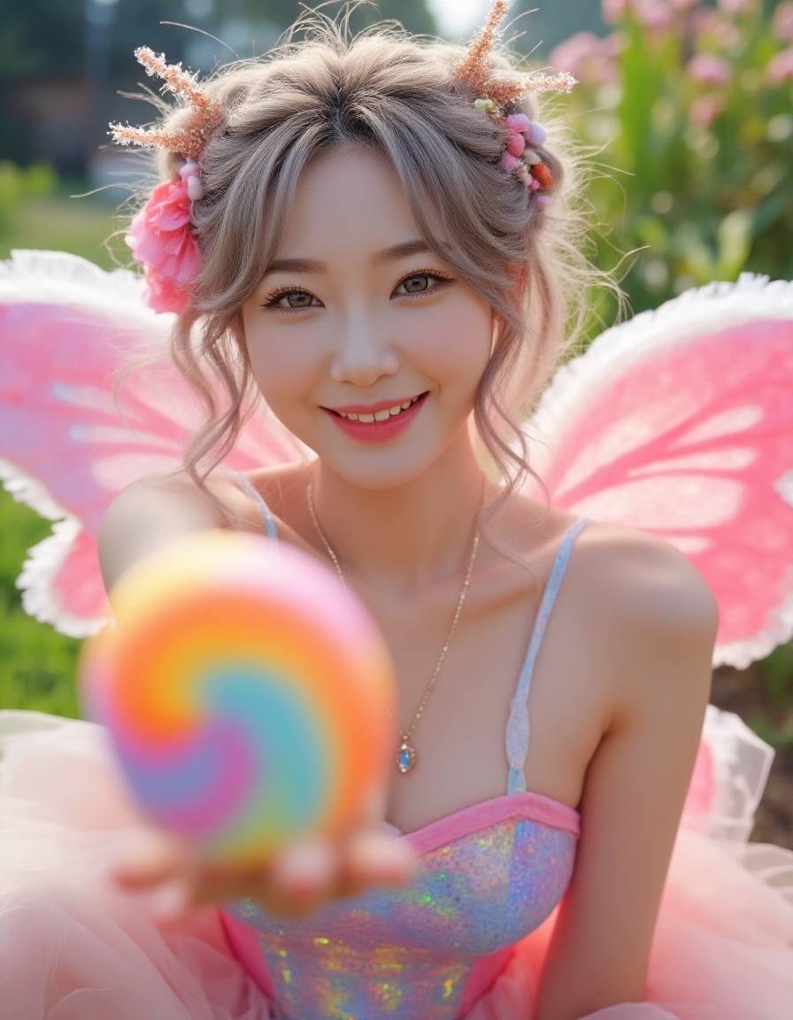 8k, Masterpiece, Top Quality, beautiful Korean woman, clear skin, wearing -like element bodice sexy cosplay, shiny colorful, cute, short tutu-like skirt of iridescent cellophane ruffles, tiny glittering fairy wings, pastel curly hair adorned with  beads and glitter, POV shot, she is offering a giant brightly colored swirl pop to viewer with a super sweet delighted smile, eyes sparkling, whimsical bright land garden setting, close-up shot.