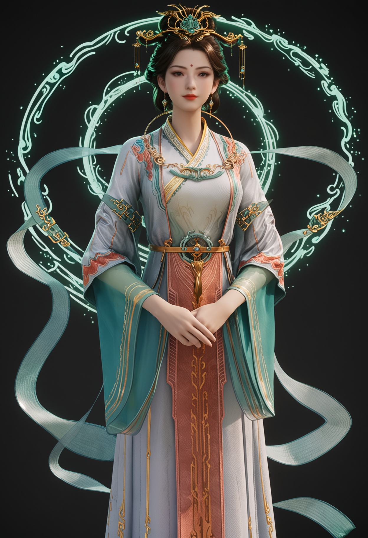 (standing full_body:1.1),score_9,score_8_up,masterpiece,(best quality),intricate details,facing viewer,(looking at viewer:1.1),<lora:YQ_pony_xiwangmu_V4:0.8>,q1528437228,1girl,solo,jewelry,earrings,hair ornament,black hair,chinese clothes,forehead mark,red lips,long sleeves,makeup,dress,hanfu,hair bun,updo,brown hair,black eyes,wide sleeves,brown eyes,hair stick,shawl,necklace,hair rings,forehead jewel,single hair bun,hagoromo,BREAKscore_9,score_8_up,masterpiece,(best quality),perfect anatomy,(hourglass),perfect face,(simple background,pure black background,black background:1.1),fair_skin,shiny_skin,Ivory_skin,