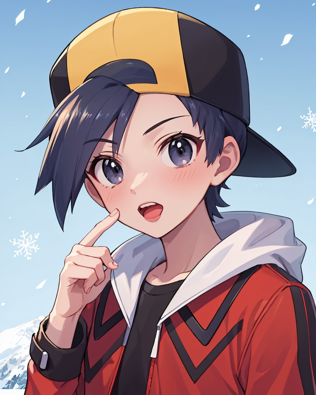 masterpiece,best quality, highly detailed, ethan (pokemon),1boy, male focus, open mouth, red jacket, tongue, holding poke ball, solo, baseball cap, hand up, poke ball (basic), backwards hat, looking at viewer, upper body, black shirt, fingernails, blush, long sleeves, snowing, lower teeth only,<lora:ethan_(pokemon):1>