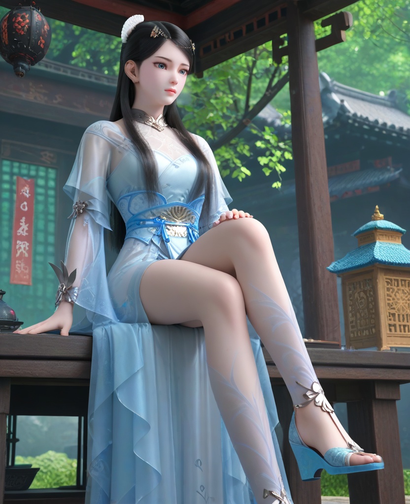 (oriental architecture, elegant decor, sophisticated style:1.1),(Feet crossed at the ankles, seated:1.1),(breasts:1.2),<lora:XL16墓王之王寒千落:0.95>,miss hanqianluo,solo,pale blue dress,see-through,blue eyes,black hair,long hair,hair ornament,hanging hair,sash,wrist cuffs,pelvic curtain,blue heels,, score_9,score_8_up,score_7_up,score_6_up,score_5_up,score_4_up,3d rendering,tag1,tag2, Cinematic Lighting,backlighting,