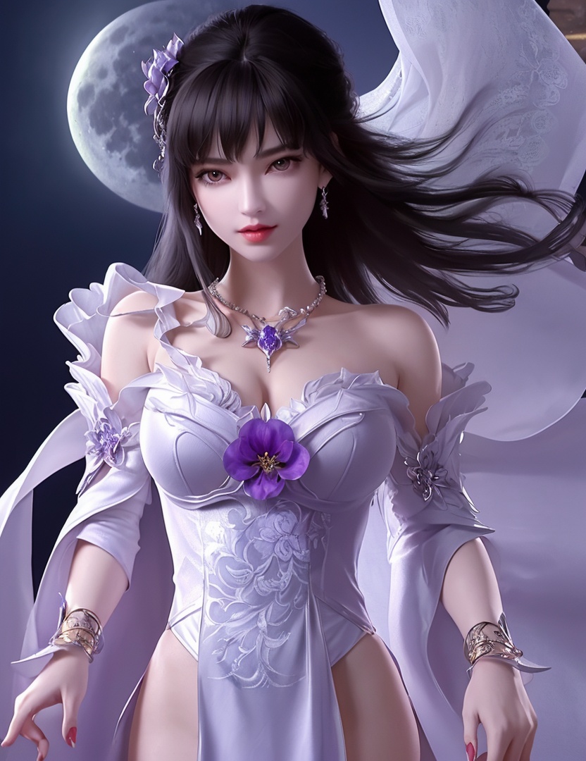 ultra realistic 8k cg, picture-perfect face, flawless, clean, masterpiece, professional artwork, famous artwork, cinematic lighting, cinematic bloom, perfect face, beautiful face, fantasy, dreamlike, unreal, science fiction,   lace, lace trim, lace-trimmed legwear,  (rich:1.4), prestige, luxury, jewelry, diamond, gold, pearl, gem, sapphire, ruby, emerald, intricate detail, delicate pattern, charming, alluring, seductive, erotic, enchanting, hair ornament, necklace, earrings, bracelet, armlet,halo((,1girl, pov,))(((1girl, jewelry, solo,, breasts, , looking_at_viewer,  outdoors,  full moon,  upper body,  purple flower, )))    <lora:DA_YueChanTeen:0.7>