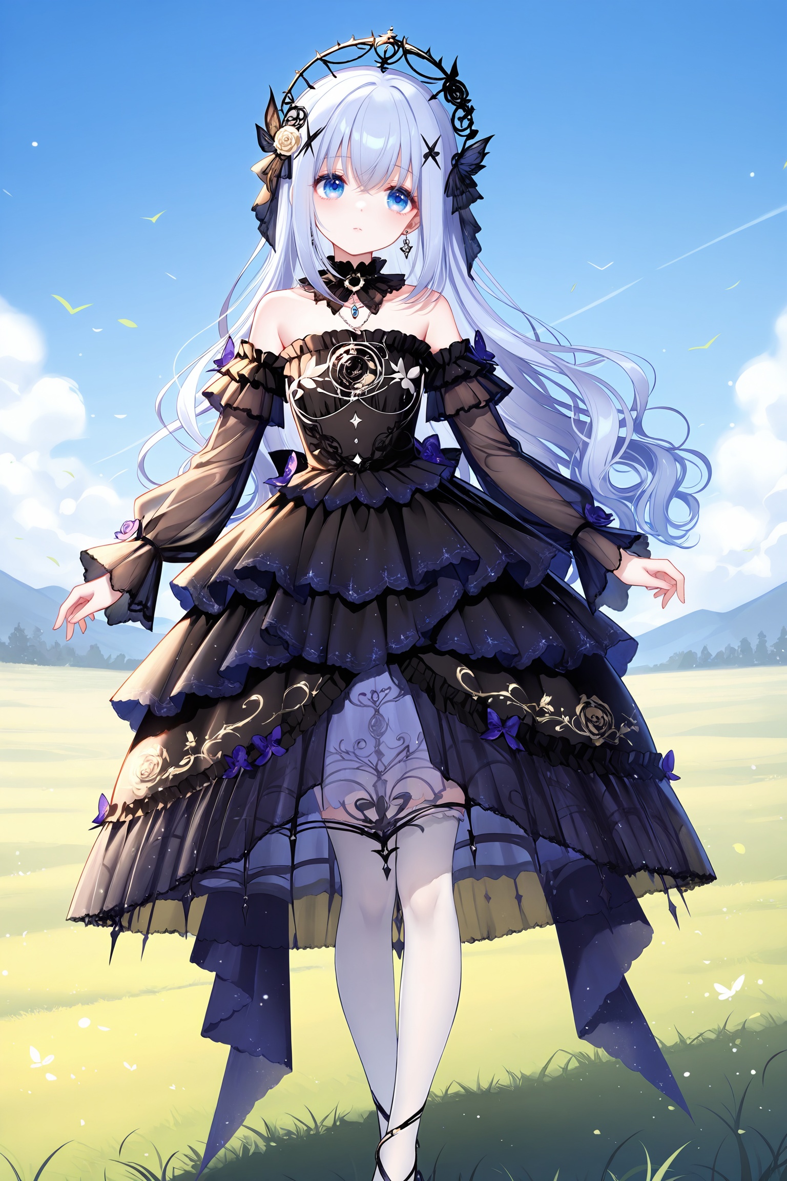 masterpiece,best quality,newest,absurdres,highres,soft shadows,year2024,mutou kurihito,[kimishima ao],[[[bison cangshu]]],[[[[[sheya]]]]],1girl,kafuu chino, <lora:wishfulaurosaXLNAI:1.4>,wishful aurosa,dress,black dress,earrings,see-through sleeves,detached sleeves,strapless dress,dress flower,white thighhighs,print thighhighs,frilled dress,see-through dress,outdoors:1.2,grasslands,dress tug,hug,hand on another's waist,