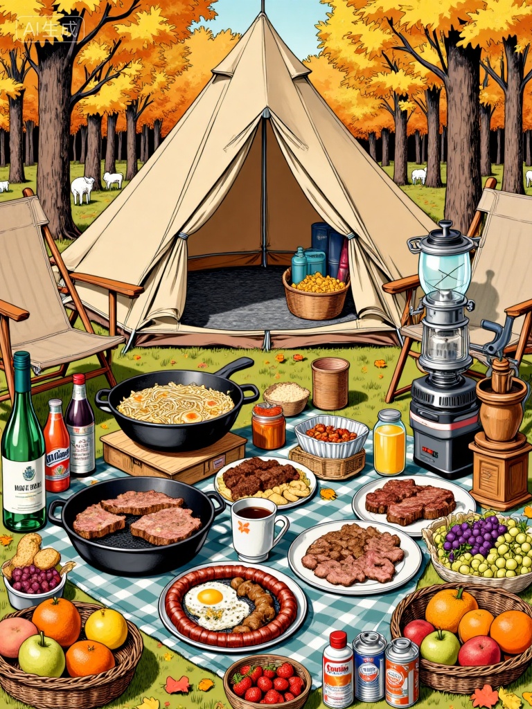 Realistic style of food illustration,(Illustration of a autumn camping picnic), Main subject: A camping picnic scene in an autumn forest, Detail elements:, Camping equipment: Beige tent, wooden folding chairs, vintage kerosene lamp, wooden coffee grinder, portable gas stove, Food: Large pot of noodles, pan-fried steak, sausages with potatoes, multiple plates of steak (one plate with fried egg), bread basket, Drinks: Green bottle wine, coffee cup, various bottled beverages (including Orangina orange juice), Ingredients: Fruit basket (apples, pears, oranges, grapes, strawberries), metal can seasonings, Environment: Autumn forest, trees with yellow leaves falling, background with sheep, ground covered with blue and white checkered tablecloth, Style: Retro illustration, delicate lines, warm yellow colors, creating a cozy and retro atmosphere of autumn camping, Negative prompt: ng_deepnegative_v1_75t,(badhandv4:1.2),EasyNegative,(worst quality:2),,nsfw, Steps: 30, Sampler: Euler, CFG scale: 7.0, Seed: 2570045517, Size: 768x1024, Model hash: 8cba4f1ef4, Model: F.1基础算法模型-哩布在线可运行_F.1-dev-fp8.safetensors, Denoising strength: 0, RNG: CPU, Lora 1: 而已, Lora Hash 1: de715ed38f, Lora Weight 1: 0.8, vae_name: automatic