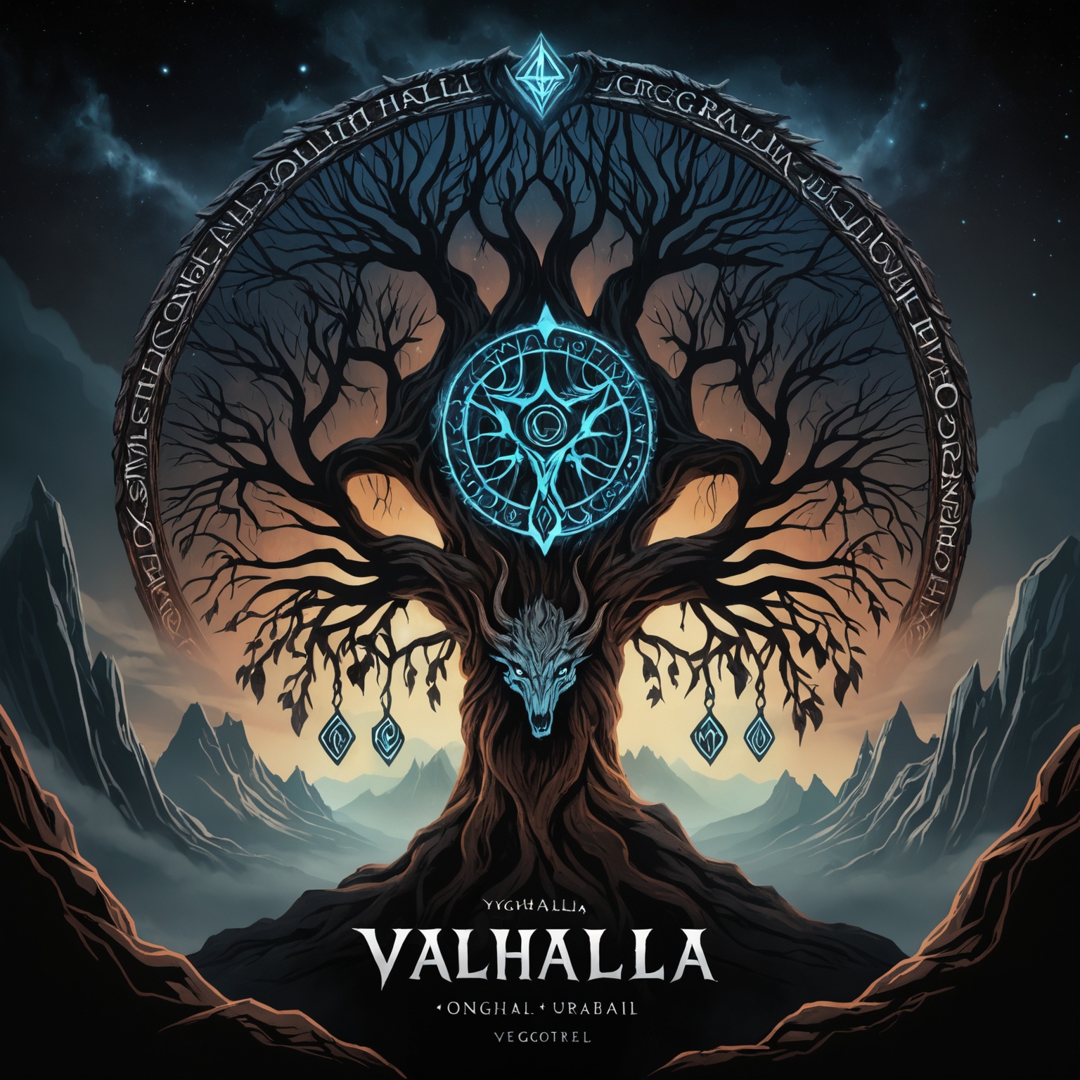 Epic artwork vector logo ,  insane details odin hanging on yggdrasil,  glowing runes on Tensor.Art