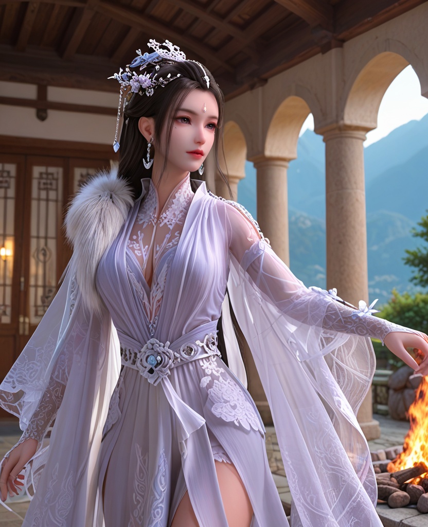 (oriental architecture, elegant decor, sophisticated style:1.1),(dancing at a campfire party:1.1),(breasts:1.2),<lora:XL少白醉春风玥瑶:0.8>,miss yueyao,chiffon dress layered on top of slit peplos,black hair,long hair,hair ornament,hair bun,hair flower,crescent earrings,jewelry,shoulder pearl chain,left shoulder fur trim,left shoulder shawl,sash,forehead jewel,beads under eye,lace opera length gloves,, score_9,score_8_up,score_7_up,score_6_up,score_5_up,score_4_up,3d rendering,tag1,tag2, Cinematic Lighting,backlighting,