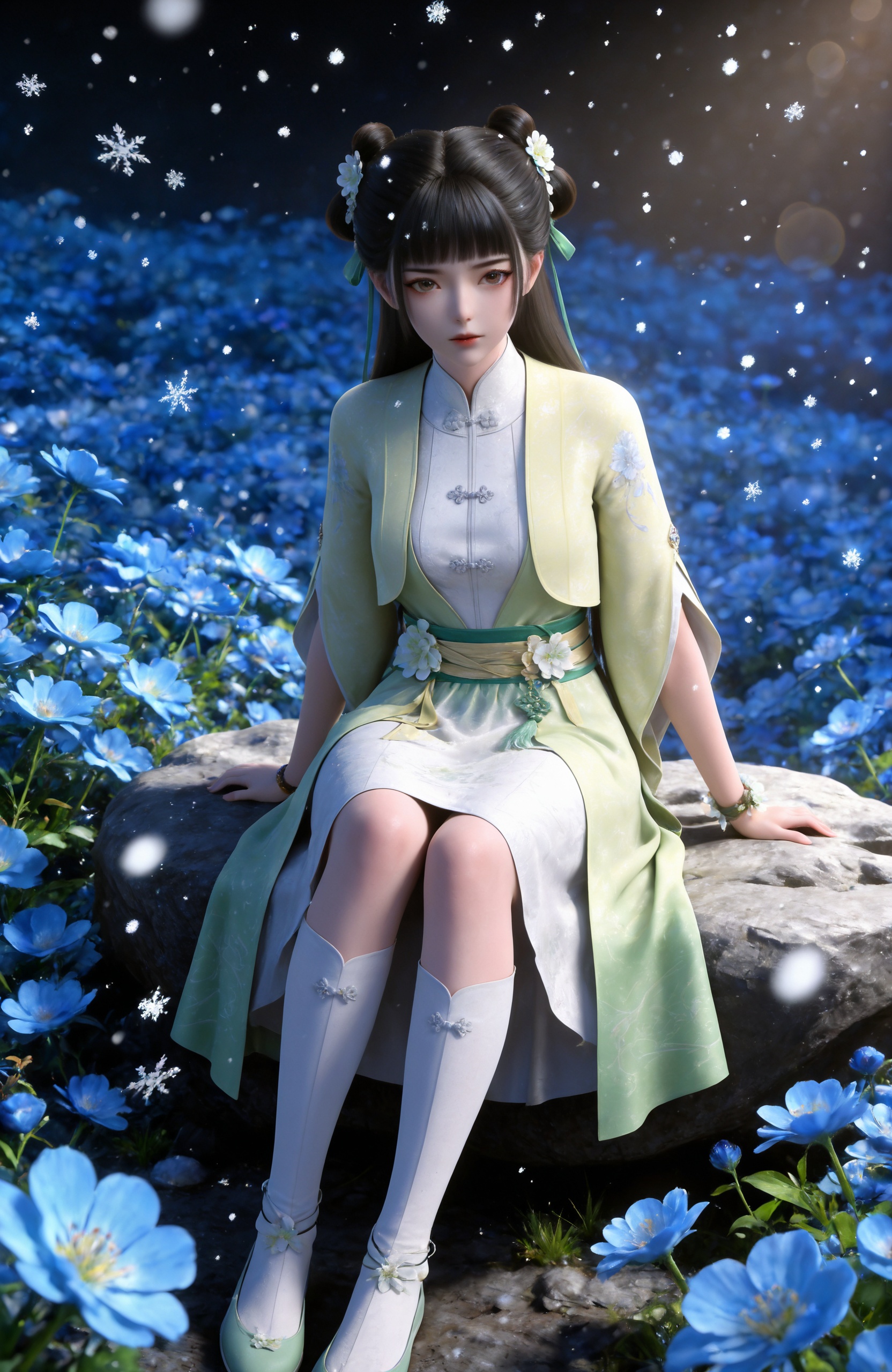 <lora:逆天邪神-萧泠汐IL:0.7> 1girl, long hair, hair bun,double bun, black hair, hair flower, hair rings, brown eyes,, chinese clothes, green dress,white dress, , bracelet, sash,white socks, green footwear,, realistic style photo,outstanding style,Use soft lighting to cast gentle shadows on the subject,adding a touch of dimension to your images without compromising details,whirls of vapor,(Anime:1.1),soft neon light,ethereal ambiance,delicate details,magical atmosphere,concept art,highly detailed,ultra-high resolution,32K UHD,sharp focus,best-quality,masterpiece,golden hour,unconventional supreme masterpiece,masterful details,temperate atmosphere,with a high-end texture,in the style of fashion photography,magazine style,Dynamic Angle,Dynamic posture,magazine style,Dynamic Angle,Dynamic posture,(cowboy_shot:1.2),eye trail,depth of field,cinematic lighting,lens flare,close-up,extreme aesthetic,(wlop:0.6),(honjou raita,lack,rella,wanke:0.5),masterpiece,best quality,good quality,newest,year 2025,very aesthetic,absurdres,Visual impact,A shot with tension,ultra-high resolution,32K UHD,sharp focus,best-quality,masterpiece,Emotionalization,unconventional supreme masterpiece,masterful details,temperate atmosphere,with a high-end texture,in the style of fashion photography,(Visual impact:1.2),giving the poster a dynamic and visually striking appearance,, ,snowing, rock,,blurry,sitting,full body,arm support,blue flower,snowflakes