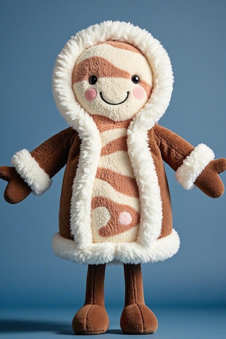 plush style,solo,looking at viewer,personification,plush tenderloin,jellycat style,smile,simple background,closed mouth,standing,full body,boots,hood,black eyes,coat,fur trim,no humans,blue background,brown footwear,outstretched arms,hood up,mittens,fur-trimmed hood,the whole presents a cute and lovely style,solid dark background,<lora:models/4416/0288affc.safetensors:0.8:0.8>