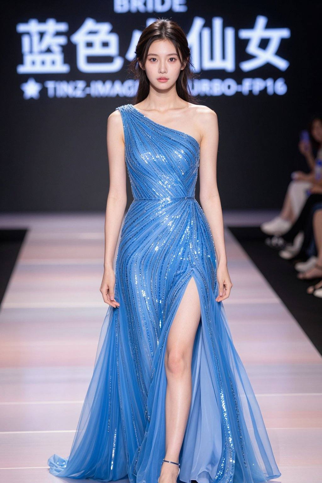 图片中一位年轻女子,展现了完美的脸庞，精致的五官，大眼睛，挺鼻梁，樱桃小嘴，尖下巴，身着一袭惊艳的蓝色礼服。礼服为无袖设计，单肩设计，并饰有精致的细节，包括亮片和飘逸的布料图案。裙摆一侧开衩很高，露出一条腿。女子站在T台上，背景较暗，隐约可见观众和鞋子的倒影。在图片背景左上角第一行小字写着“BRIDE”，第二行大字写着“蓝色小仙女”，第三行小字先是一个星形符号旁边"TINZ-IMAGE-TURBO-FP16"