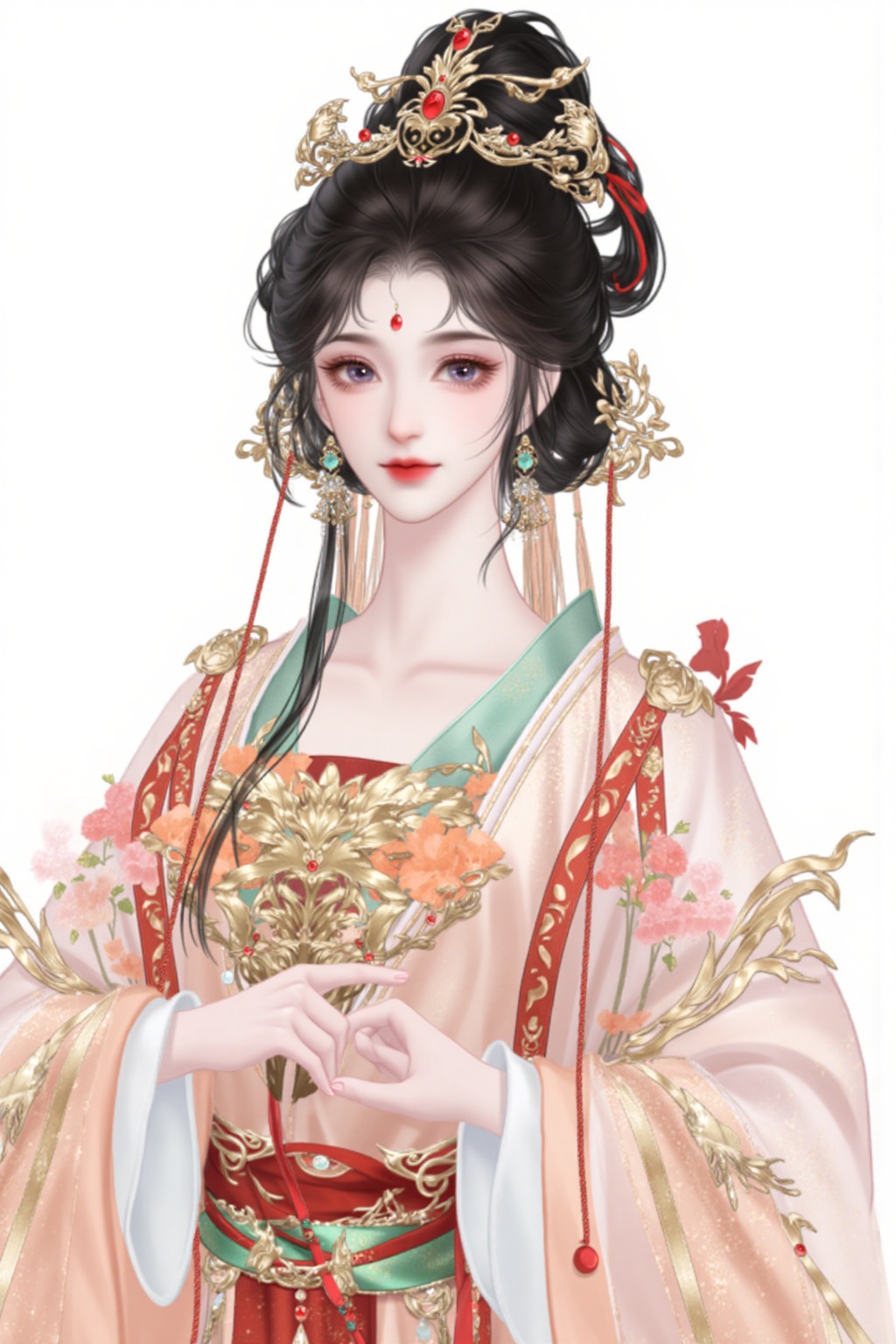 gufeng_style,wenyou,gufeng_style,female,solo,black hair,hair accessories,long sleeves,hug,jewelry,beautiful big eyes,upper body,flowers,earrings,wide sleeves,hair bun,makeup,Chinese clothing,insects,plants,hand fan,red lips,updo,Hanfu,Color temperature:-100,messy hair,impactful visuals Perfect composition,she has delicate facial features and perfect body proportions,with an anime style aesthetic. The character design is very detailed Contrast,layered colors,vivid colors,contrast,official art,movie perspective,very beautiful,depth of field,crazy interaction between light and shadow,highly refined,ultra-high resolution,32K UHD,clear focus,best quality,masterpiece,emotional,non-traditional masterpiece,exquisite details,gentle atmosphere,high-end texture,Chinese New Year,festive atmosphere,Gorgeous Hanfus,Simple background,white background,