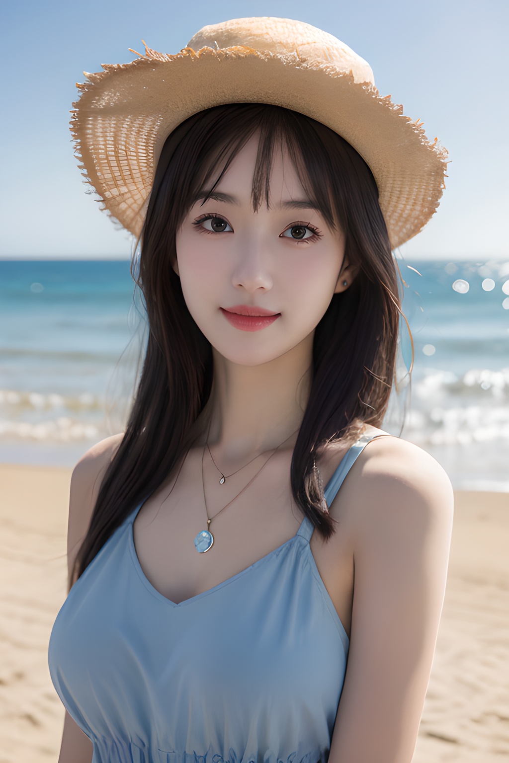 <lora:0811_03:0.7>,araffe girl with long hair wearing a straw hat and blue dress, 1girl, solo, hat, straw hat, long hair, looking at viewer, necklace, jewelry, heart necklace, smile, heart, brown hair, bangs, day, beach, outdoors, upper body, black hair, sunlight, closed mouth, swimsuit, selfie, sky, ocean,, 1girl,realistic,masterpiece, best quality, photorealistic, HDR,detail