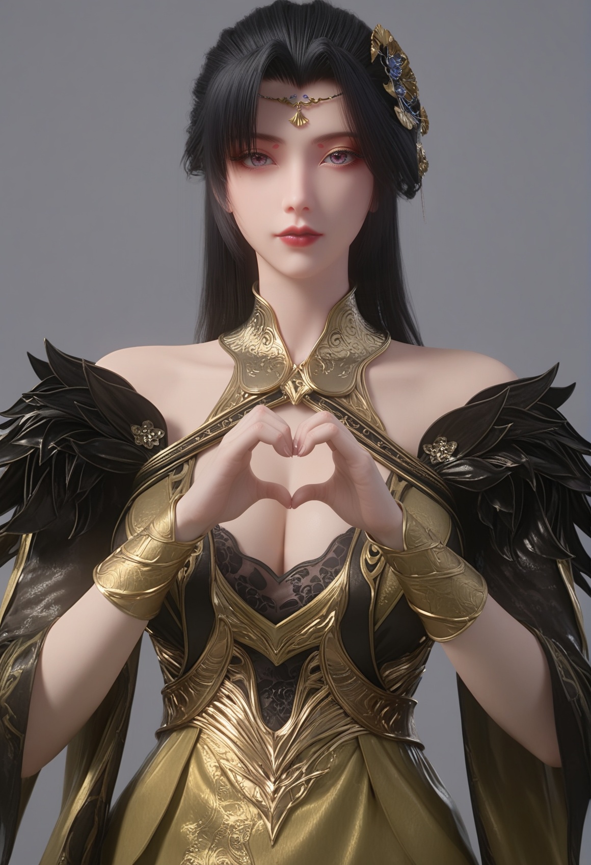 (score_9),<lora:柳如烟-rain:0.8>,lry,(mature_female),solo,long hair,hair ornament,black hair,mole under eye,detached collar,forehead jewelry,wrist guards,dress,sleeve,<lora:perfect eyes_v1:1>,bright pupils,looking at viewer,front view,<lora:Expressive_H-000001:0.8>,heart hands,(glamor:1.2),curvy,collarbone,pointy breasts,puffy breasts,large breasts,narrow waist,simple background,grey background,