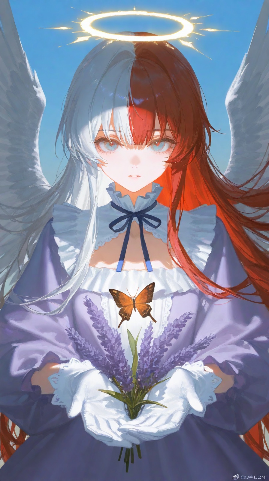 hewu,lightshadow,line art,split-color hair,two-tone hair,white hair,red hair,ribbon,XUER guangying,(Blue sky:0.7),(cloud:0.6),1girl,solo,long hair,looking at viewer,gloves,dress,ribbon,flower,frills,wings,white gloves,lavender dress,bug,butterfly,feathered wings,angel wings,depth of field,(rei \(sanbonzakura\):0.8),(ciloranko:0.7),(artist:quasarcake:0.8),(wlop:0.7),extreme aesthetic,(quasarcake:0.7),masterpiece,best quality,good quality,newest,year 2024,year 2023,very aesthetic,absurdres,Visual impact,A shot with tension,ultra-high resolution,32K UHD,sharp focus,best-quality,masterpiece,Emotionalization,unconventional supreme masterpiece,masterful details,temperate atmosphere,with a high-end texture,in the style of fashion photography,(Visual impact:1.2),insanely interplay between lights and shadows,(ray tracing),sunlight,reflective,masterful details,intricate details,soothing tones,high contrast,natural skin texture,soft light,sharp,giving the poster a dynamic and visually striking appearance,impactful picture,offcial art,colorful,splash of color,movie perspective,colorful,splash of color,(upper body:1.6),