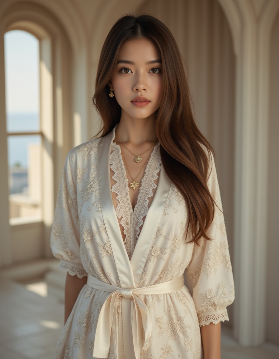 A best quality,  masterpiece raw photo of a girl dressed in a long floral lace robe with ornate details,  adorned with gol...