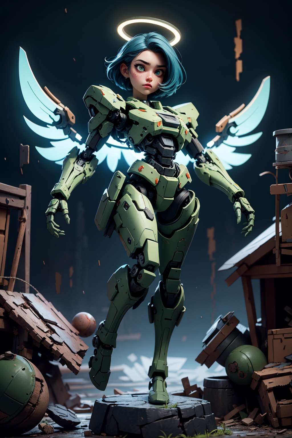 Best quality,masterpiece,ultra high res,1girl, dark green eyes, empty eyes, dark blue hair, short hair, mechanized arms, mechanized legs, mechanized wings, energy halo, abandoned building, dark, (intricate),mechanical arms,