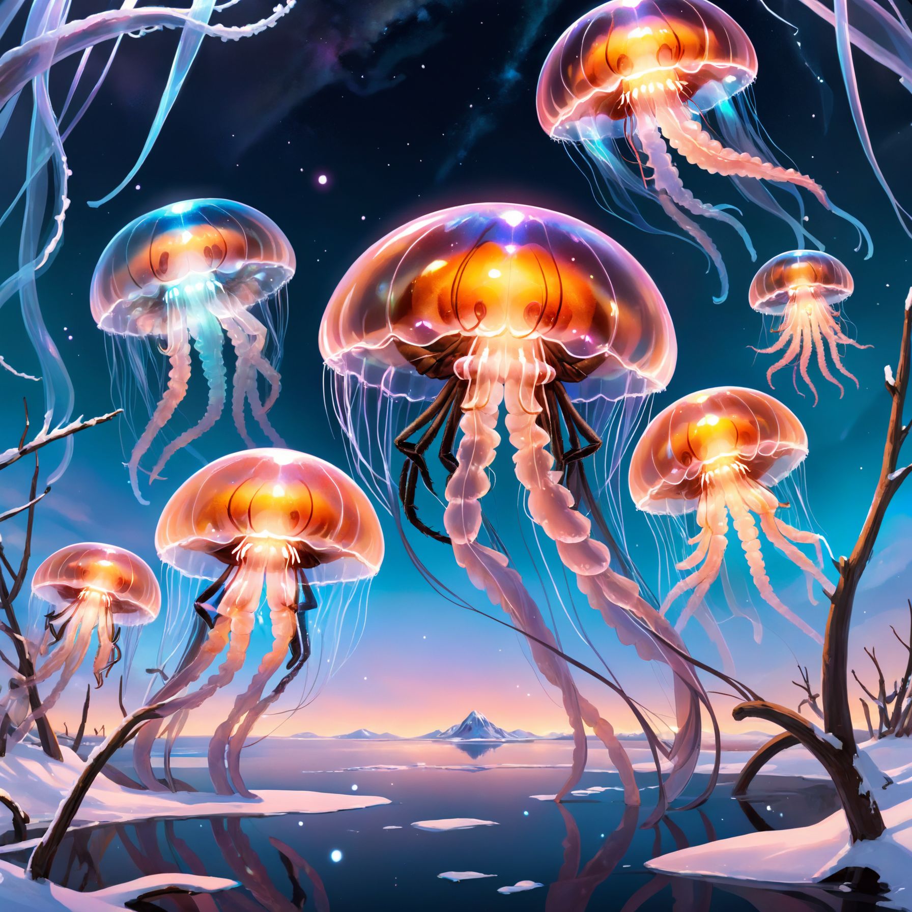 Photo of a winter evening sky with an abundance of transparent holographic jellyfish and tarantula hybrids floating in it,...