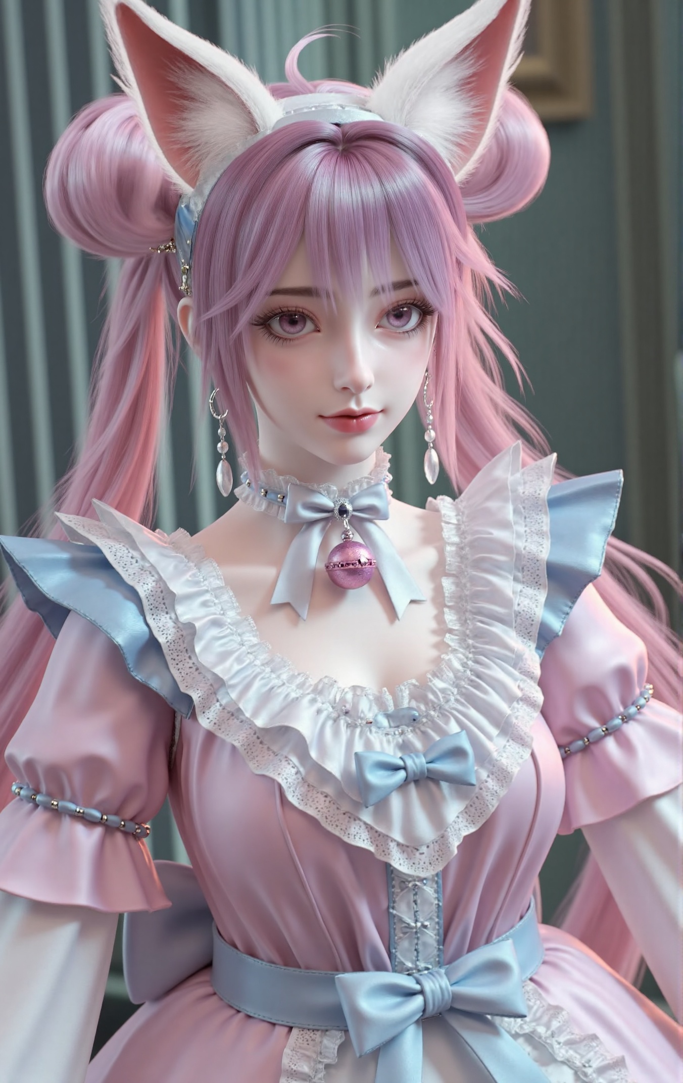 Xiaoli,a girl with long lavender or light purple hair styled in twin buns,sometimes with bangs framing her face. She has large eyes,pale skin,and red lips. Cat ears are either part of her hairstyle or worn as a headband.,She wears a frilly pink and blue maid outfit,featuring:,- A frilly pink and white dress with blue accents,- White lace collar and cuffs,- Blue bow at the neck or on the chest,- Thigh-high stockings (optional),- Pink choker with a dangling bell or heart pendant,- Large silver hoop earrings,- Silver choker with a pink gem,The overall look is cute and playful,blending elements of fantasy and maid outfits. Additional accessories may include cat ears with pink fur and a tail.,Background suggestions: Soft pastel colors,whimsical or magical settings,such as a cozy room or an enchanted garden.,masterpiece,best quality,beautiful art,fantasy realism,CGI image,silhouette color style,ultra detailed,panoramic view,looking at the audience from the side,full-body shot,clean and vivid atmosphere.,
